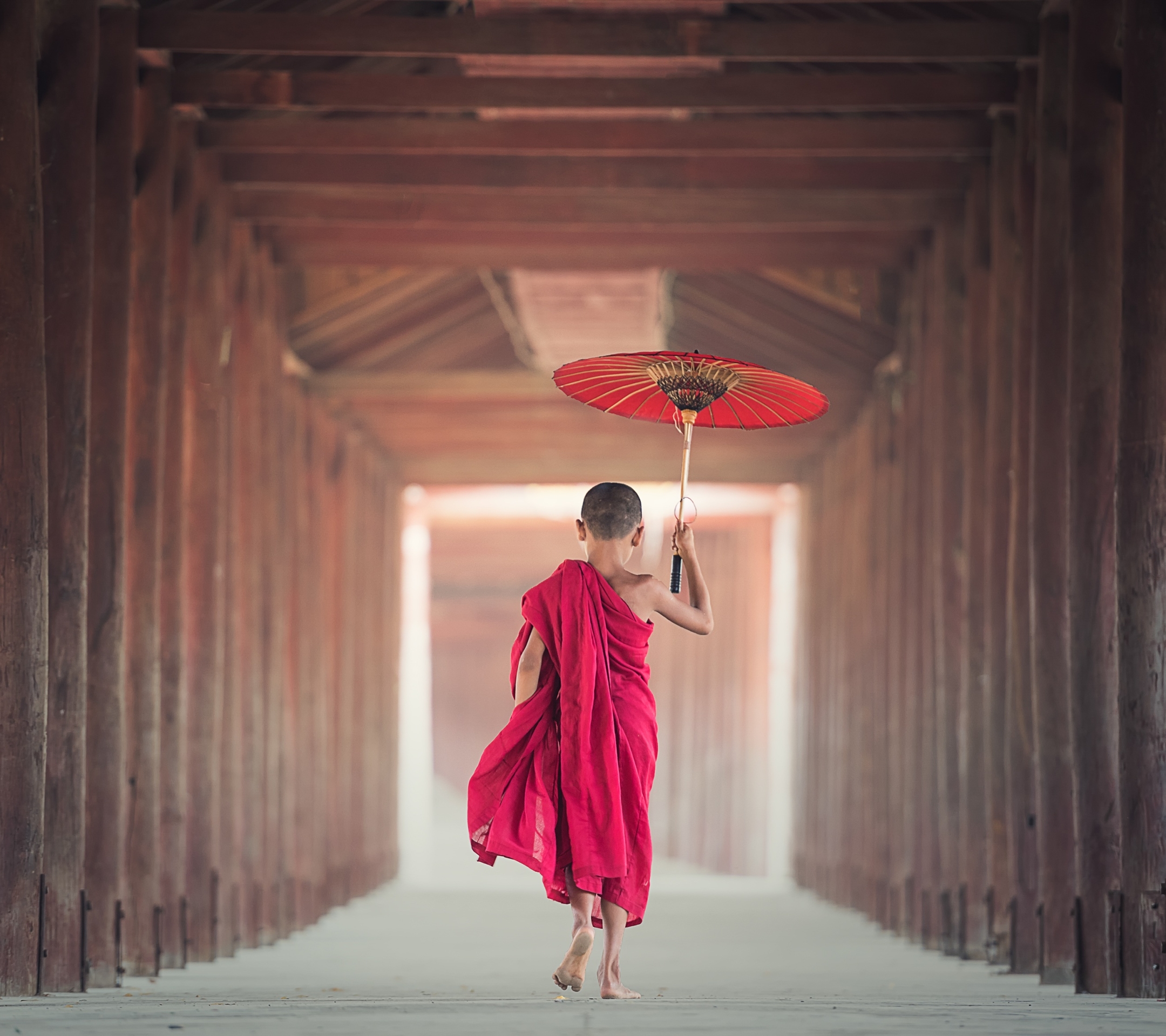 Download mobile wallpaper Buddhism, Umbrella, Monk, Religious for free.