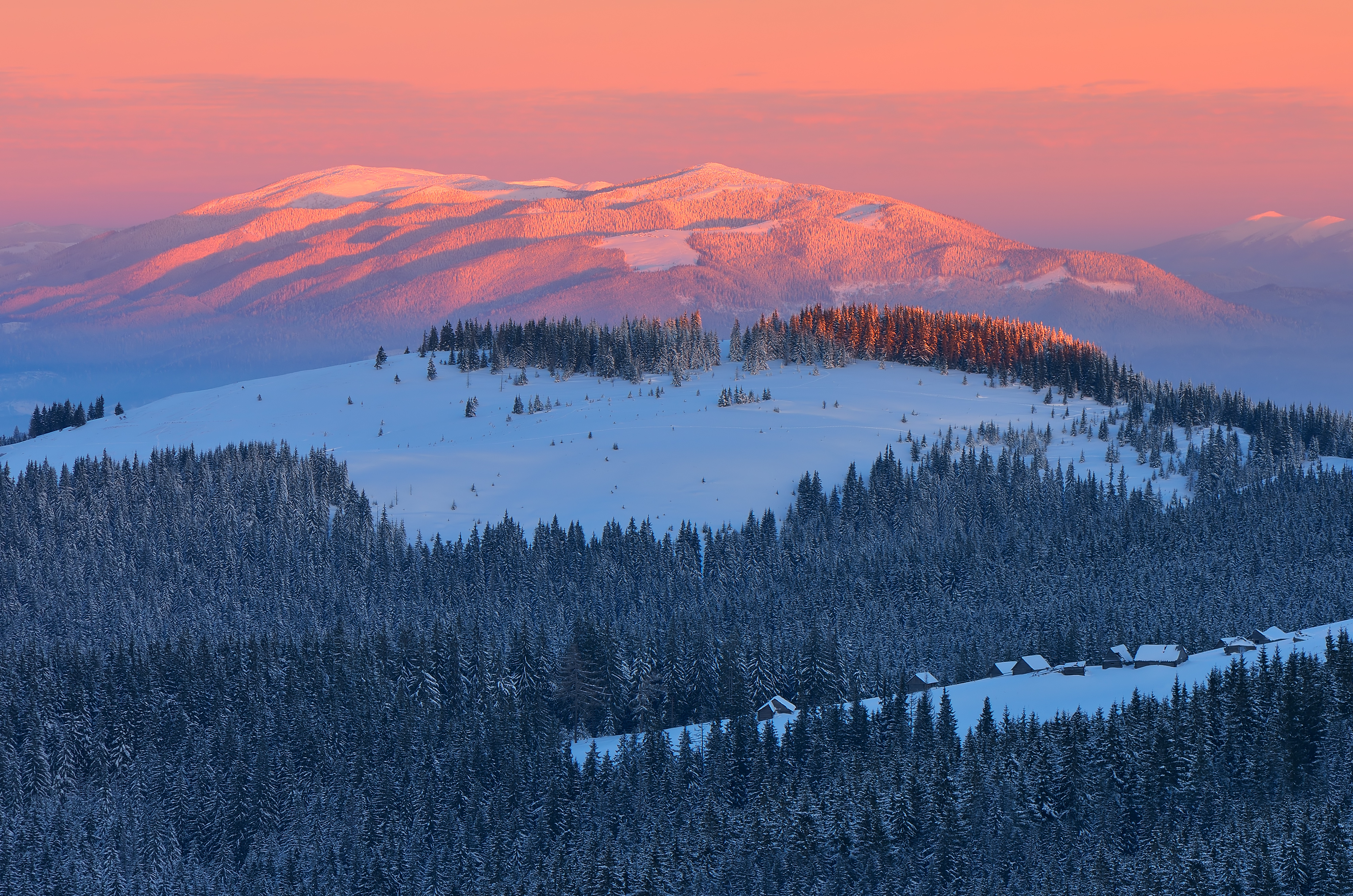 PCデスクトップに風景, 冬, 自然, 日没, 雪, 森, 地球画像を無料でダウンロード