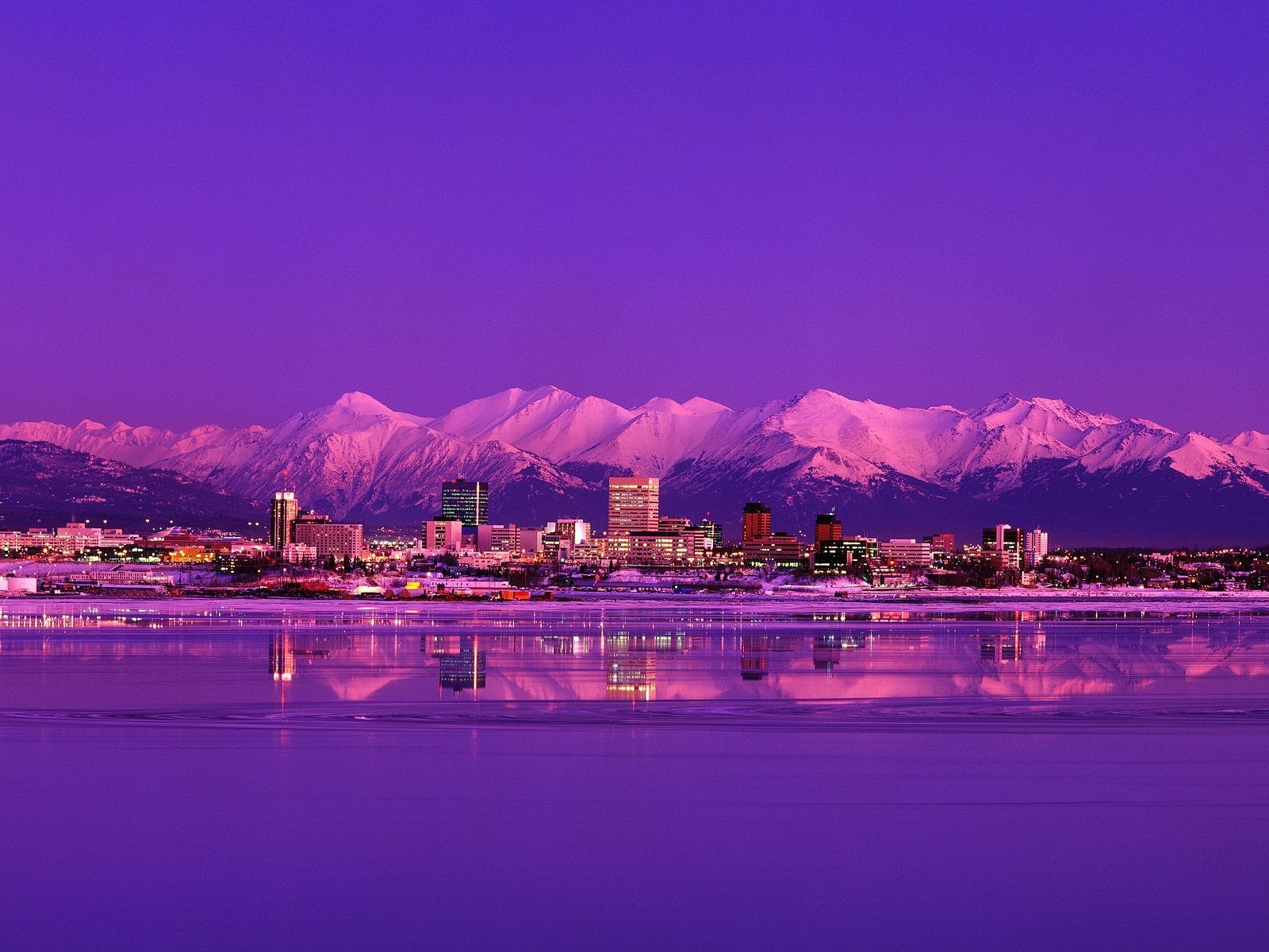 Free download wallpaper Landscape, Cities, Mountains, Violet, Water on your PC desktop
