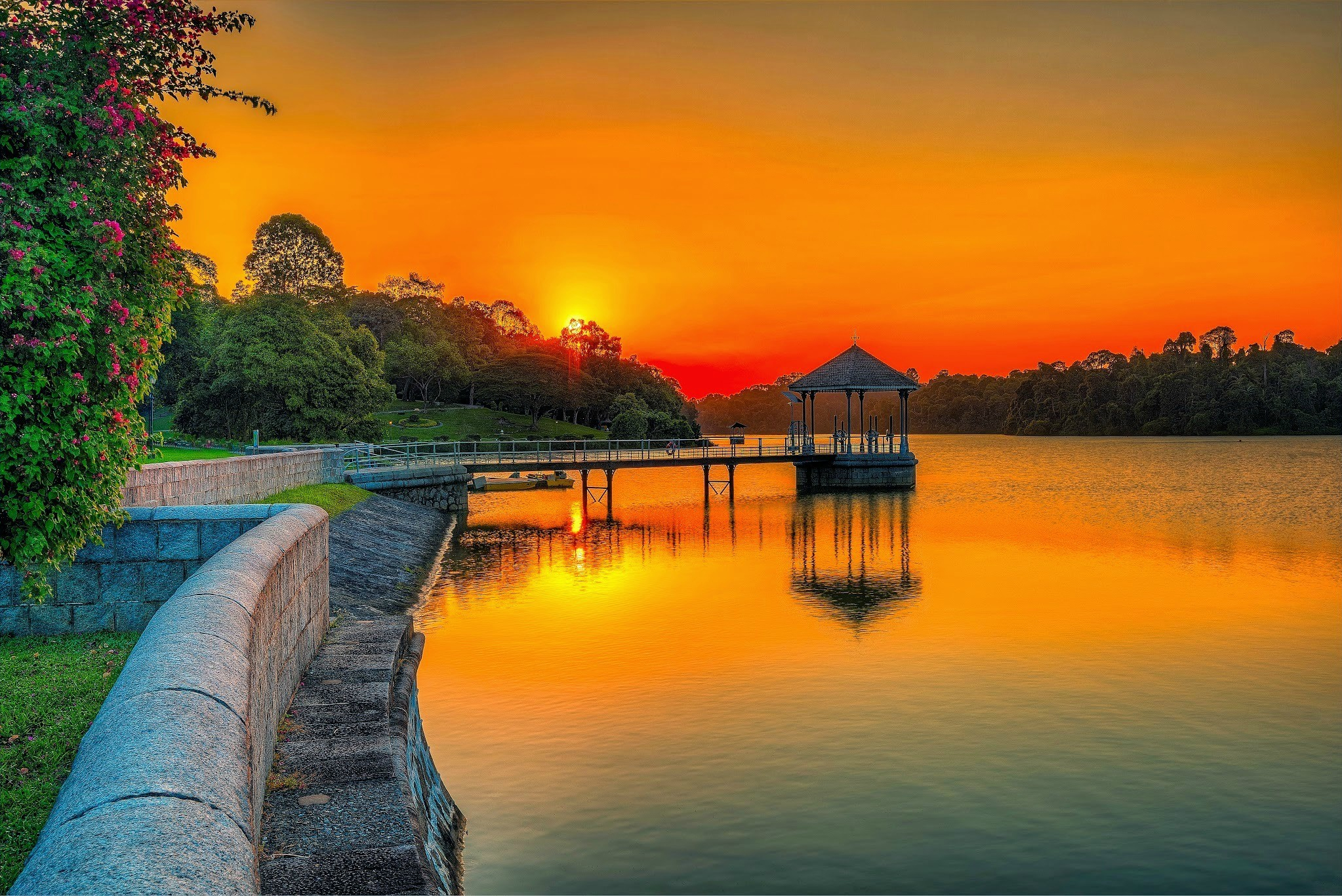 Download mobile wallpaper Sunset, Lake, Gazebo, Man Made for free.