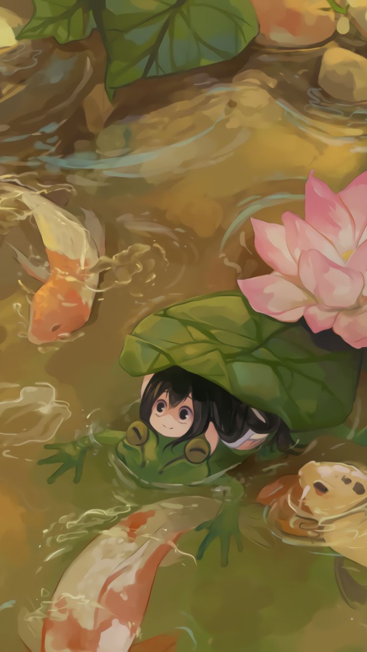 Download mobile wallpaper Anime, Leaf, Pond, Fish, Frog, My Hero Academia, Tsuyu Asui for free.