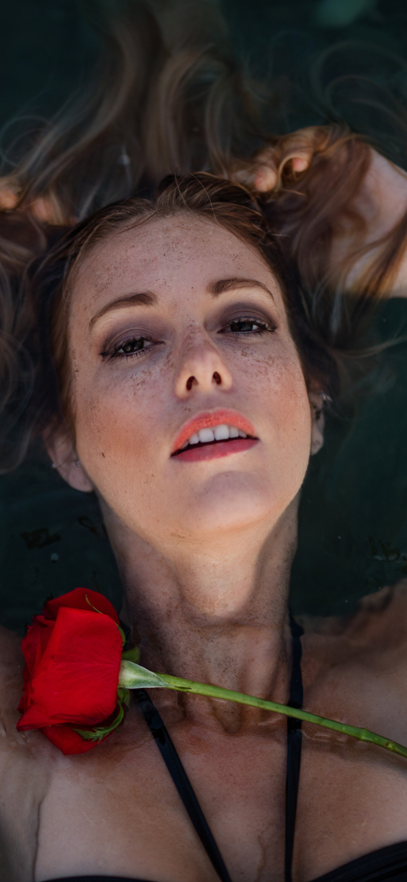 Download mobile wallpaper Water, Brunette, Model, Women, Red Rose, Freckles for free.