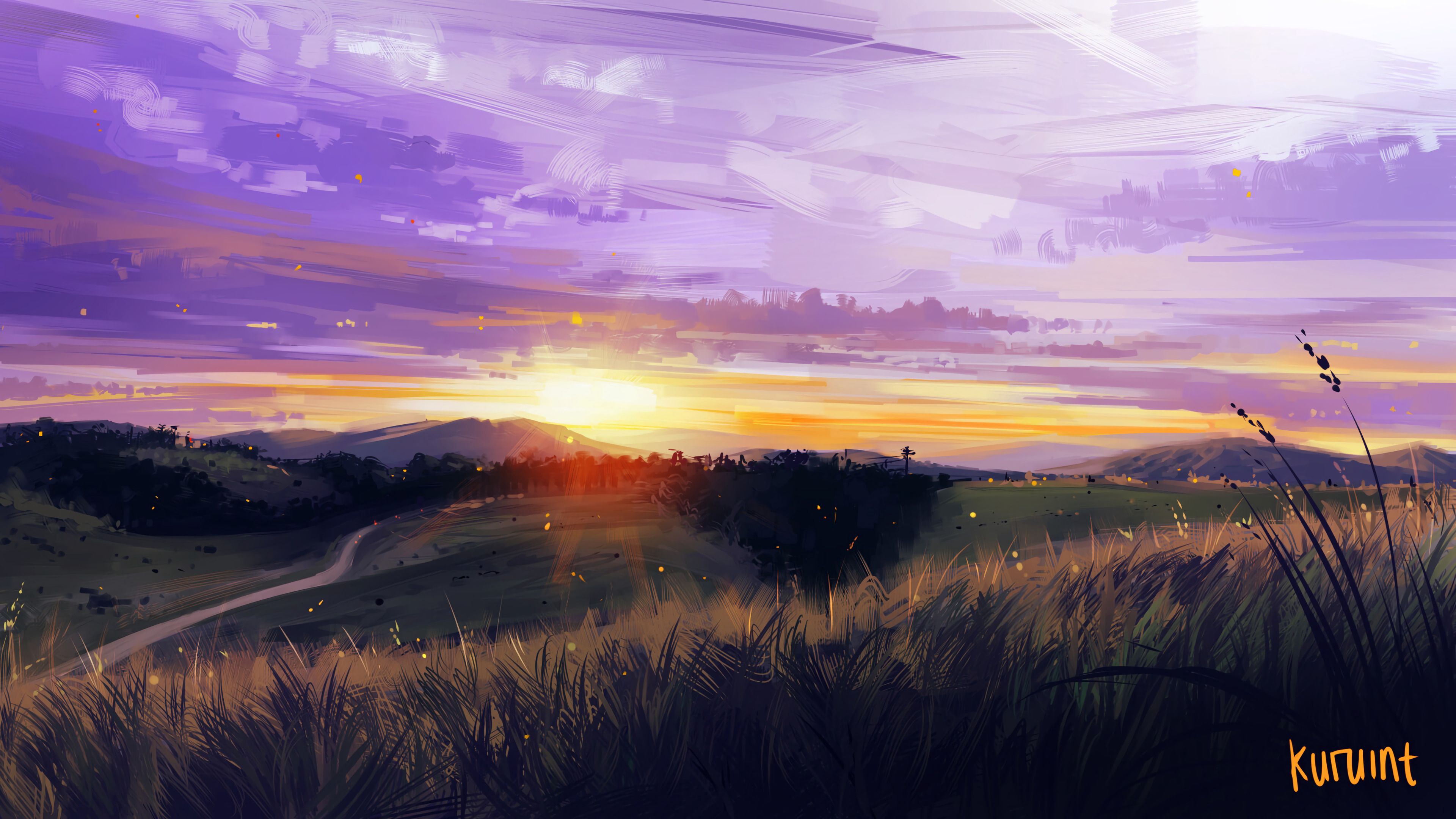 art, sunset, landscape, grass, mountains
