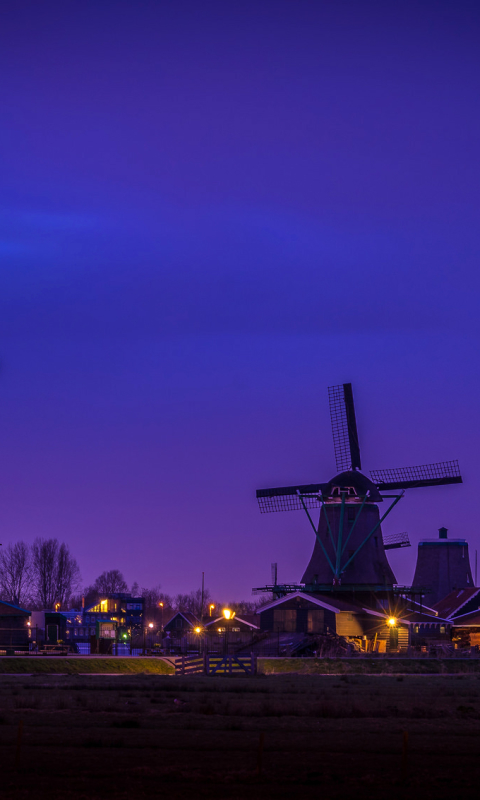 Download mobile wallpaper Night, Building, Windmill, Man Made for free.