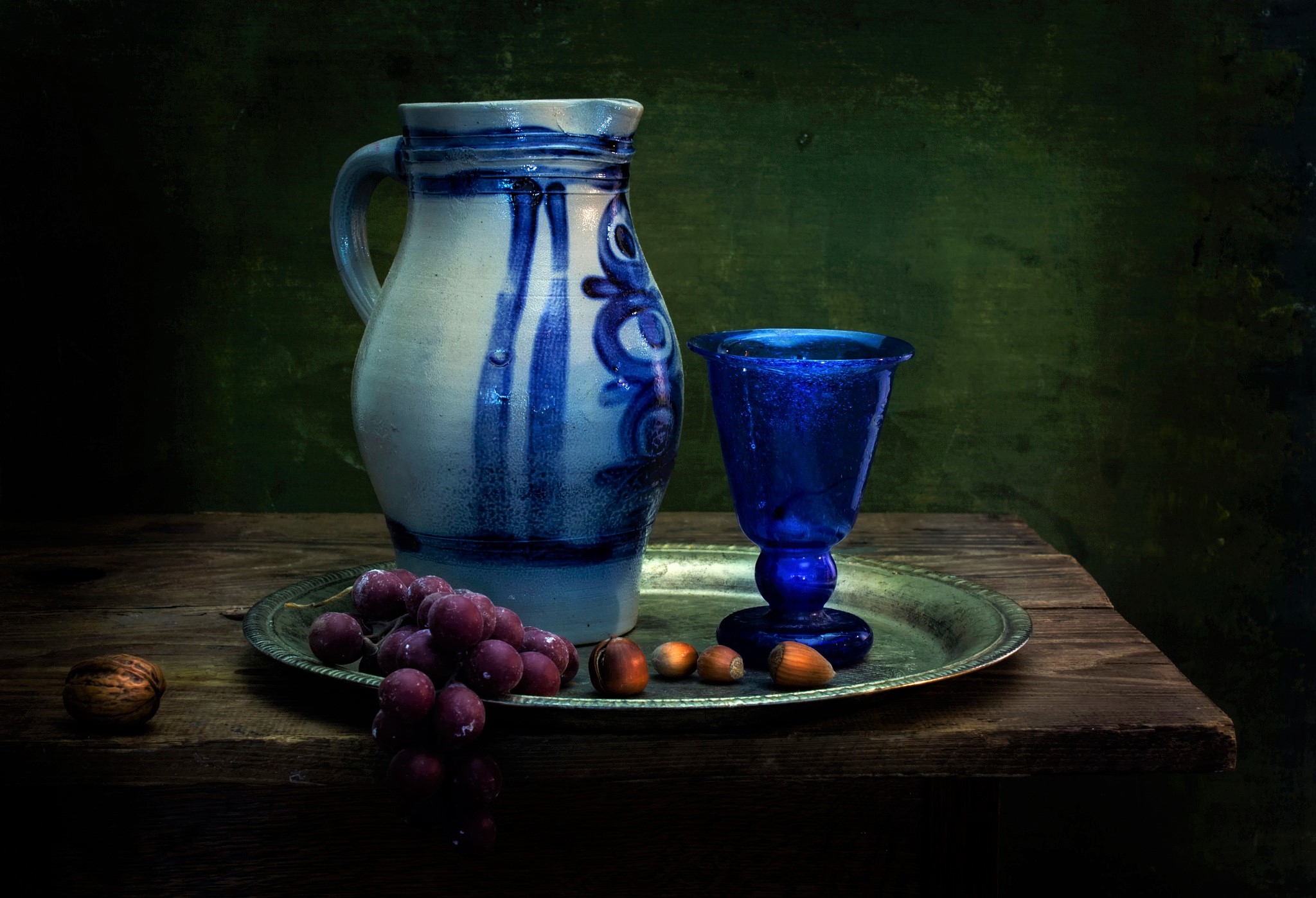 photography, still life, blue, glass, grapes, hazelnut, pitcher, plate, walnut