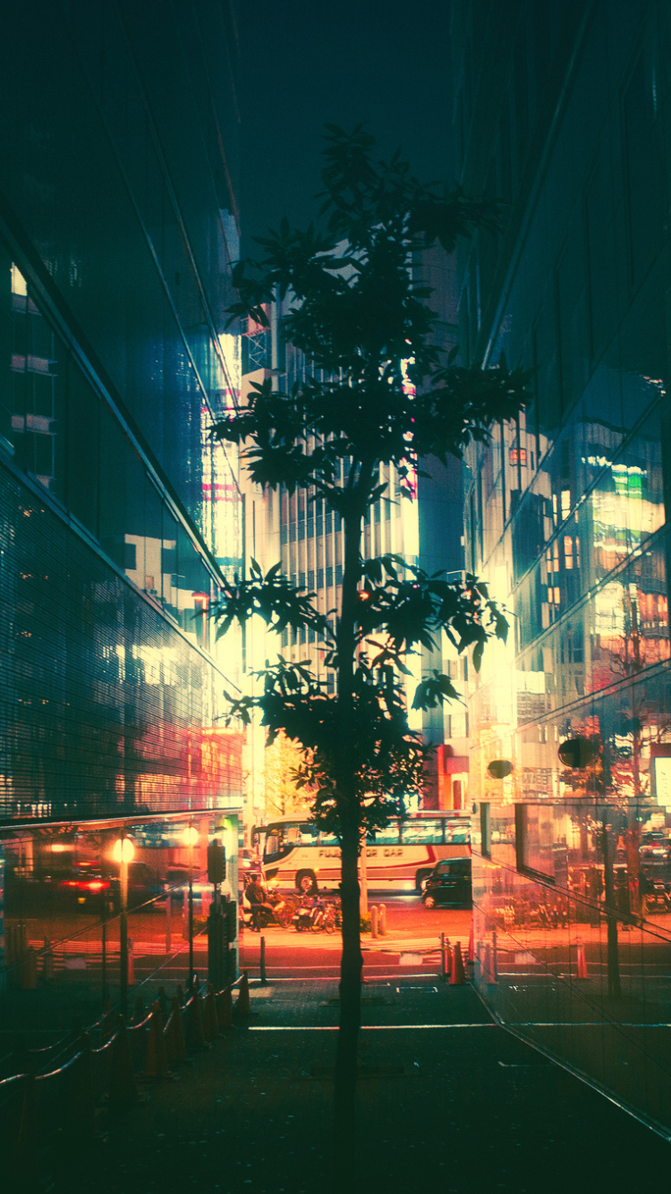 Скачать картинку Города, Ночь, Город, Дерево, Неон, Япония, Сделано Человеком в телефон бесплатно.
