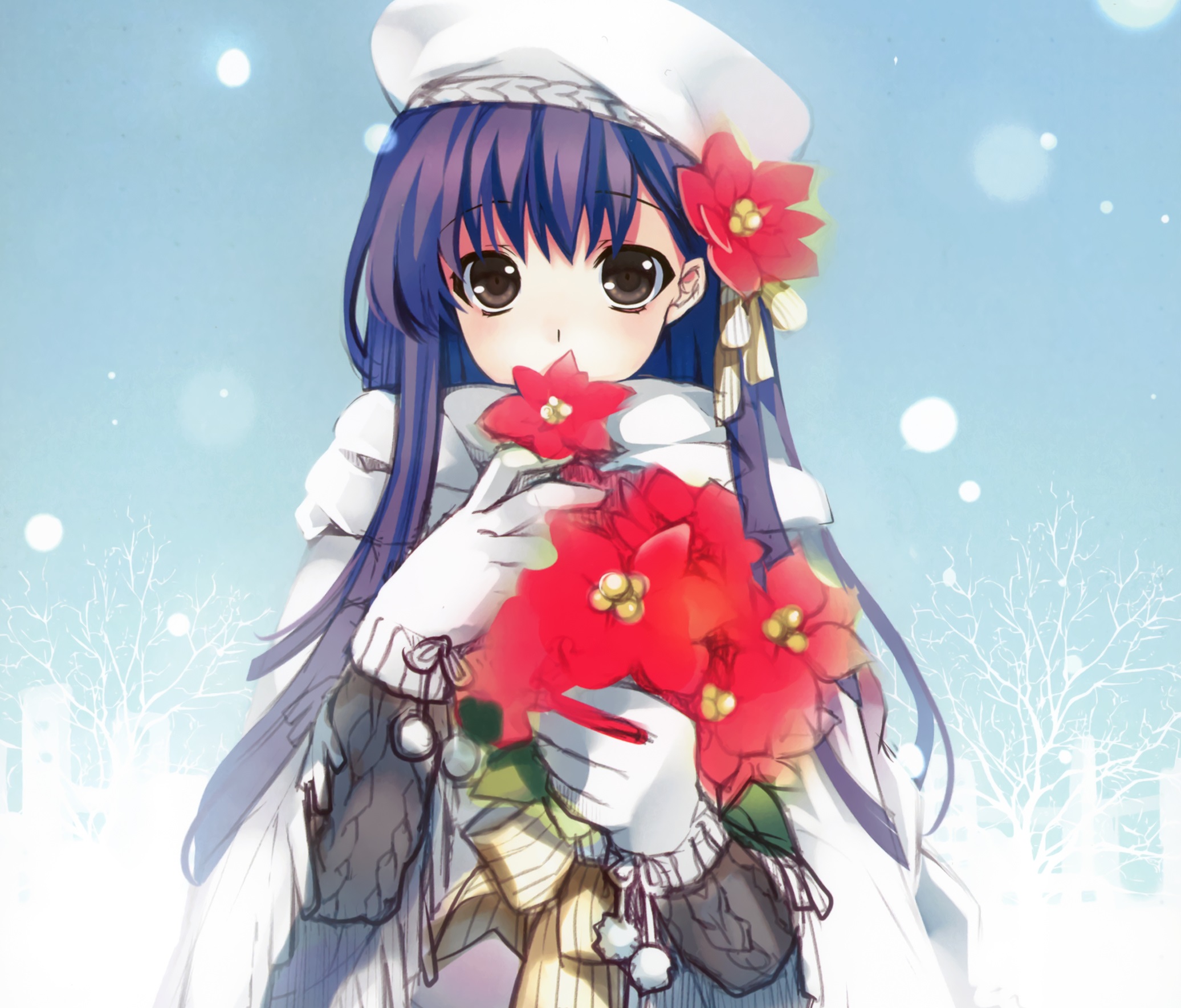 Handy-Wallpaper Schnee, Blume, Hut, Handschuh, Original, Lila Haare, Braune Augen, Animes, Lange Haare, Schleife (Kleidung) kostenlos herunterladen.