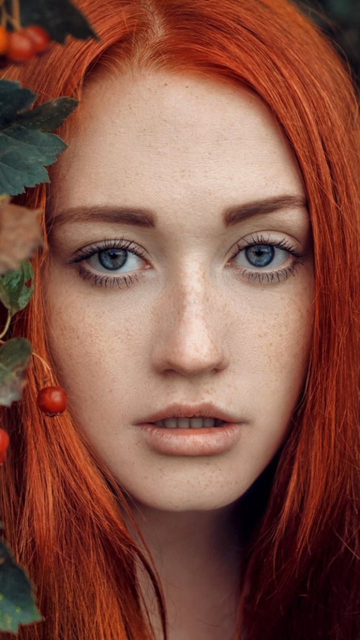 Download mobile wallpaper Berry, Redhead, Face, Model, Women, Blue Eyes for free.