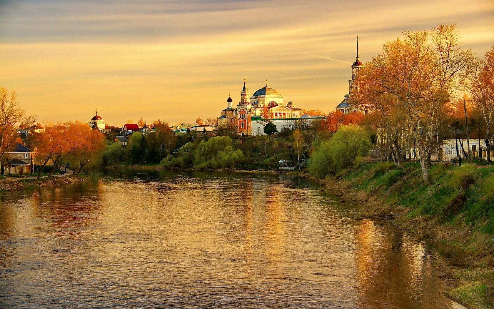 autumn, rivers, cities, sunset, reflection, evening, russia, torzhok, tver region