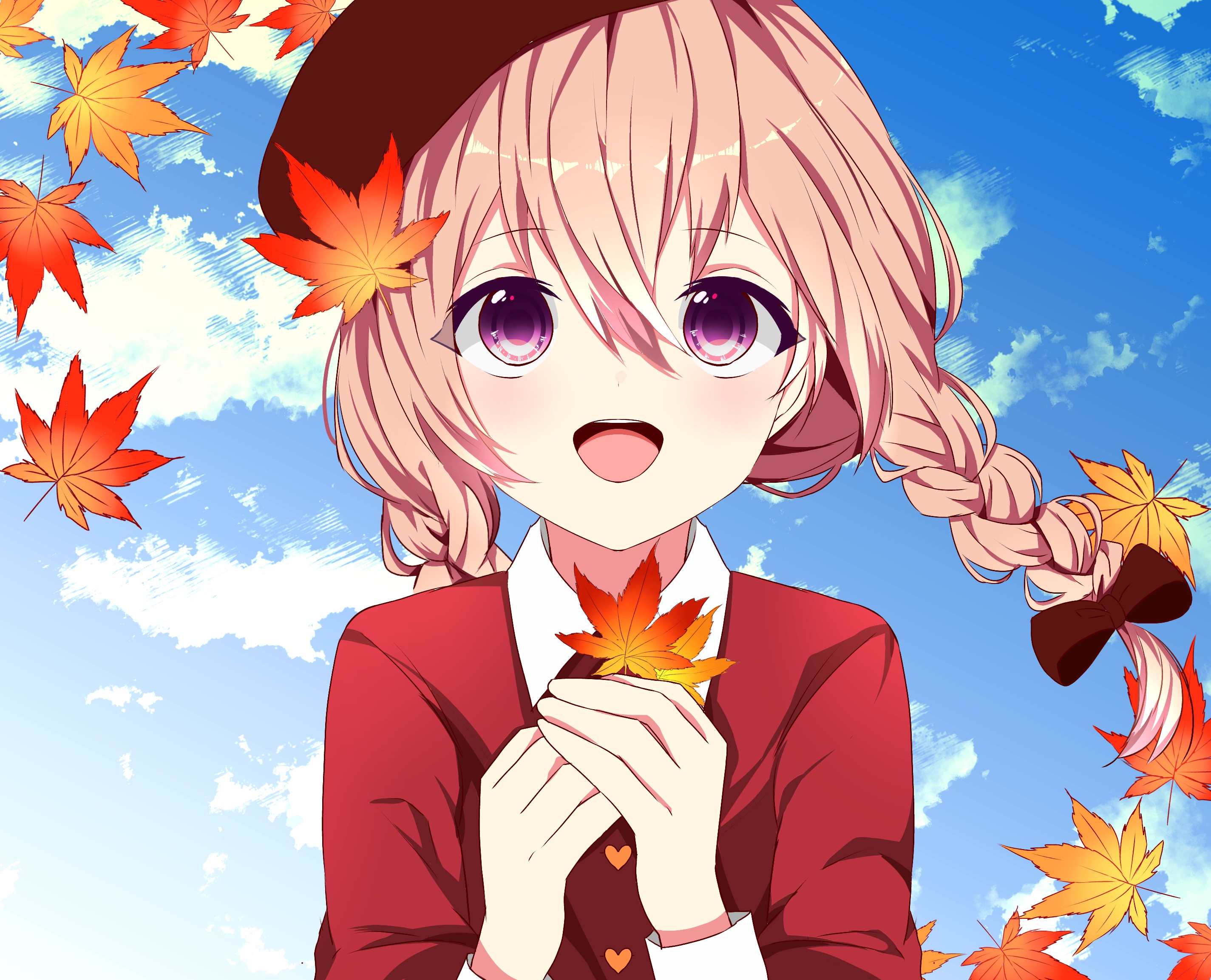 Download mobile wallpaper Anime, Leaf, Fall, Original, Purple Eyes for free.