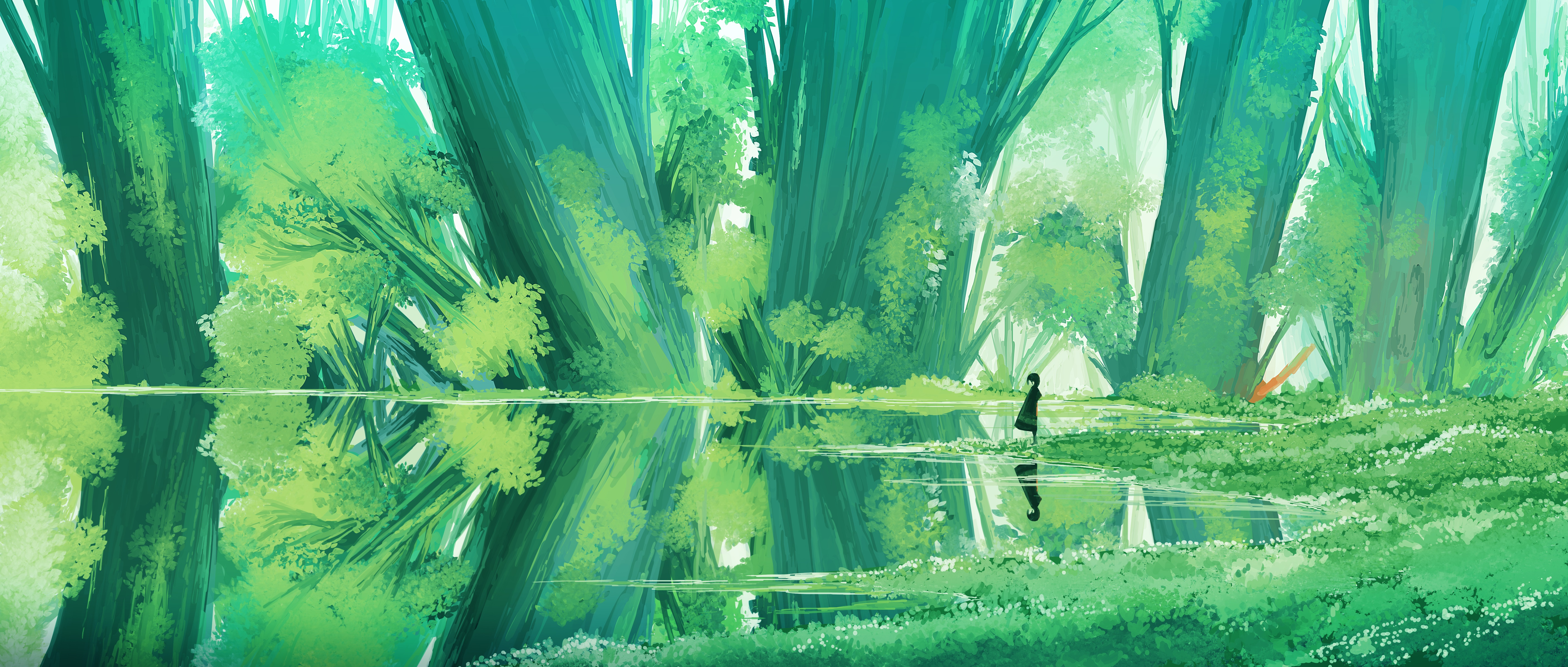 Free download wallpaper Anime, Water, Reflection, Forest, Greenery on your PC desktop