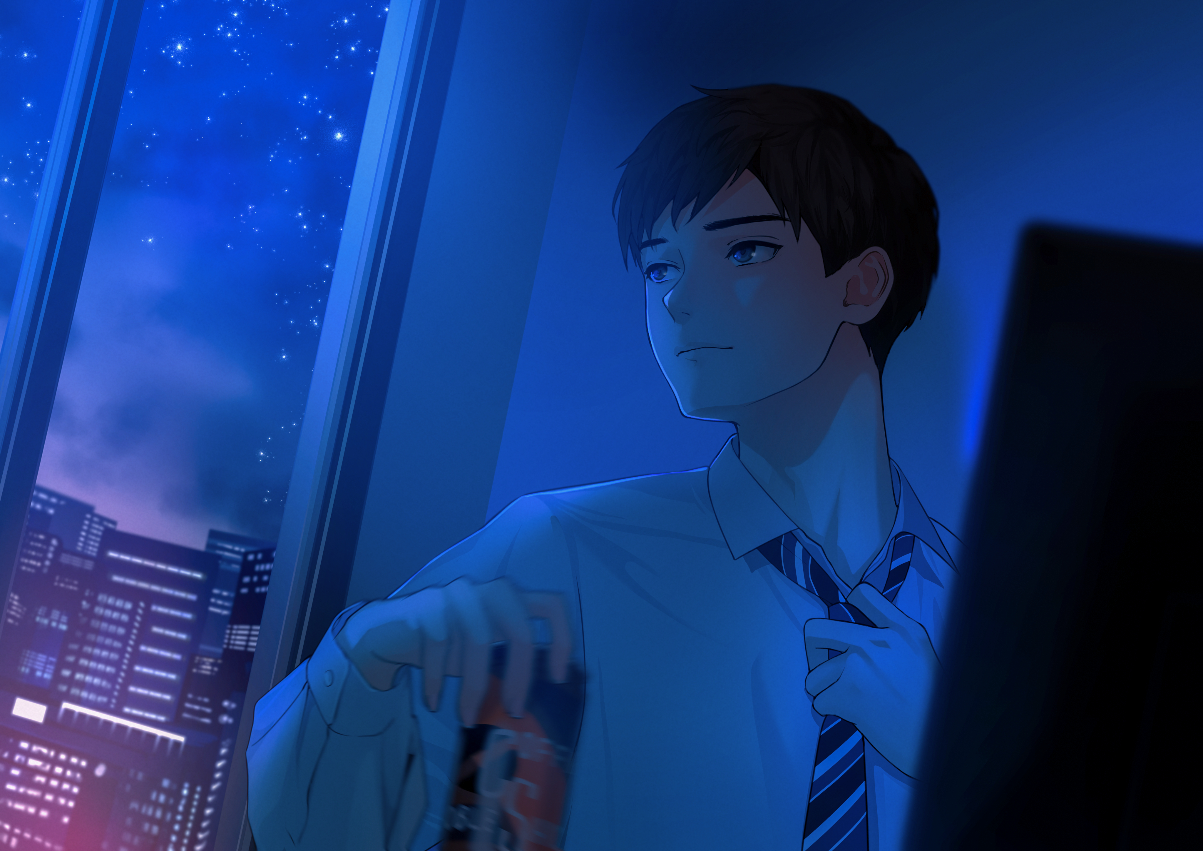 anime, boy, night, starry sky for Windows