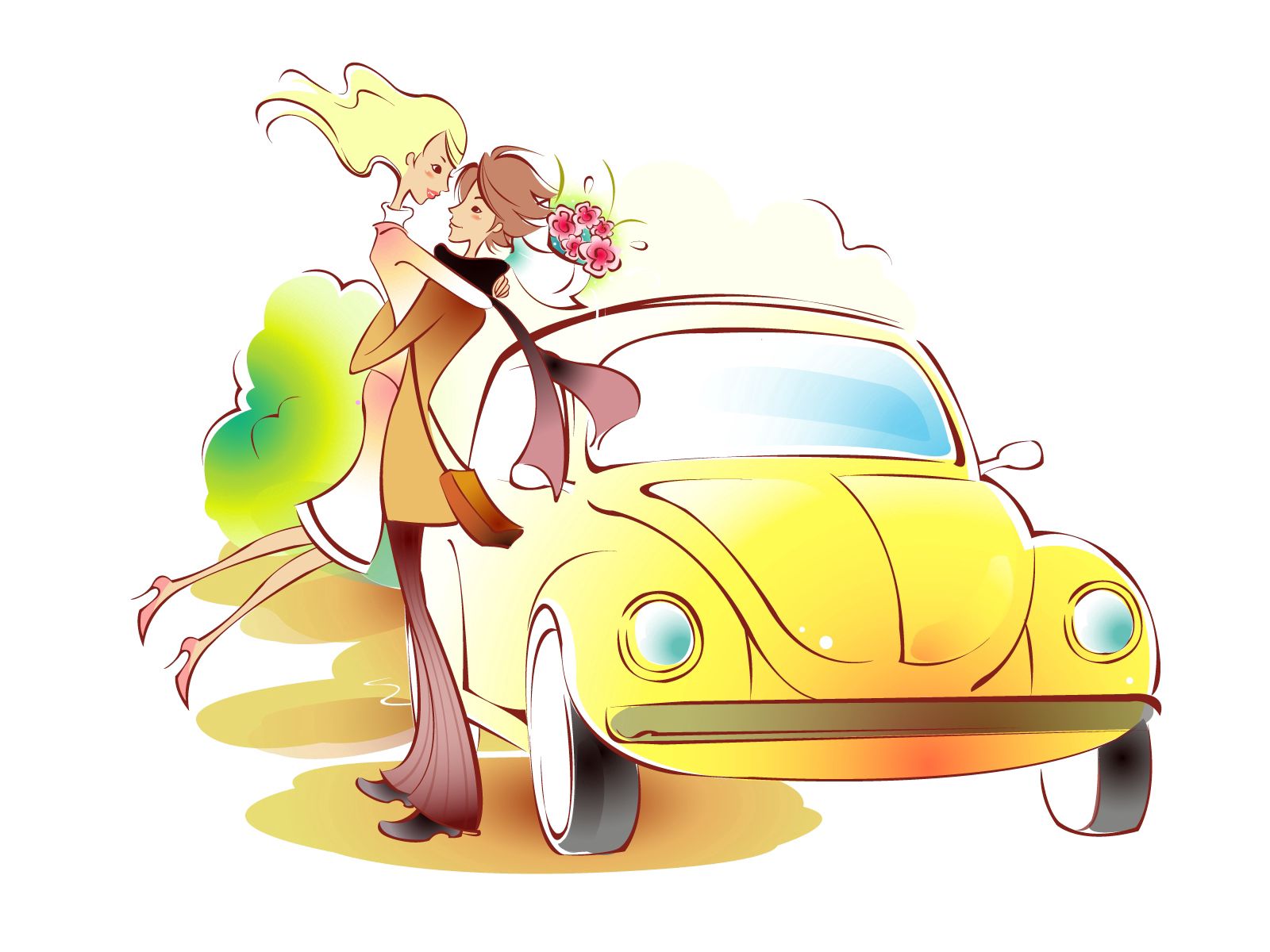 pair, flowers, art, love, couple, car, picture, drawing, embrace, meeting