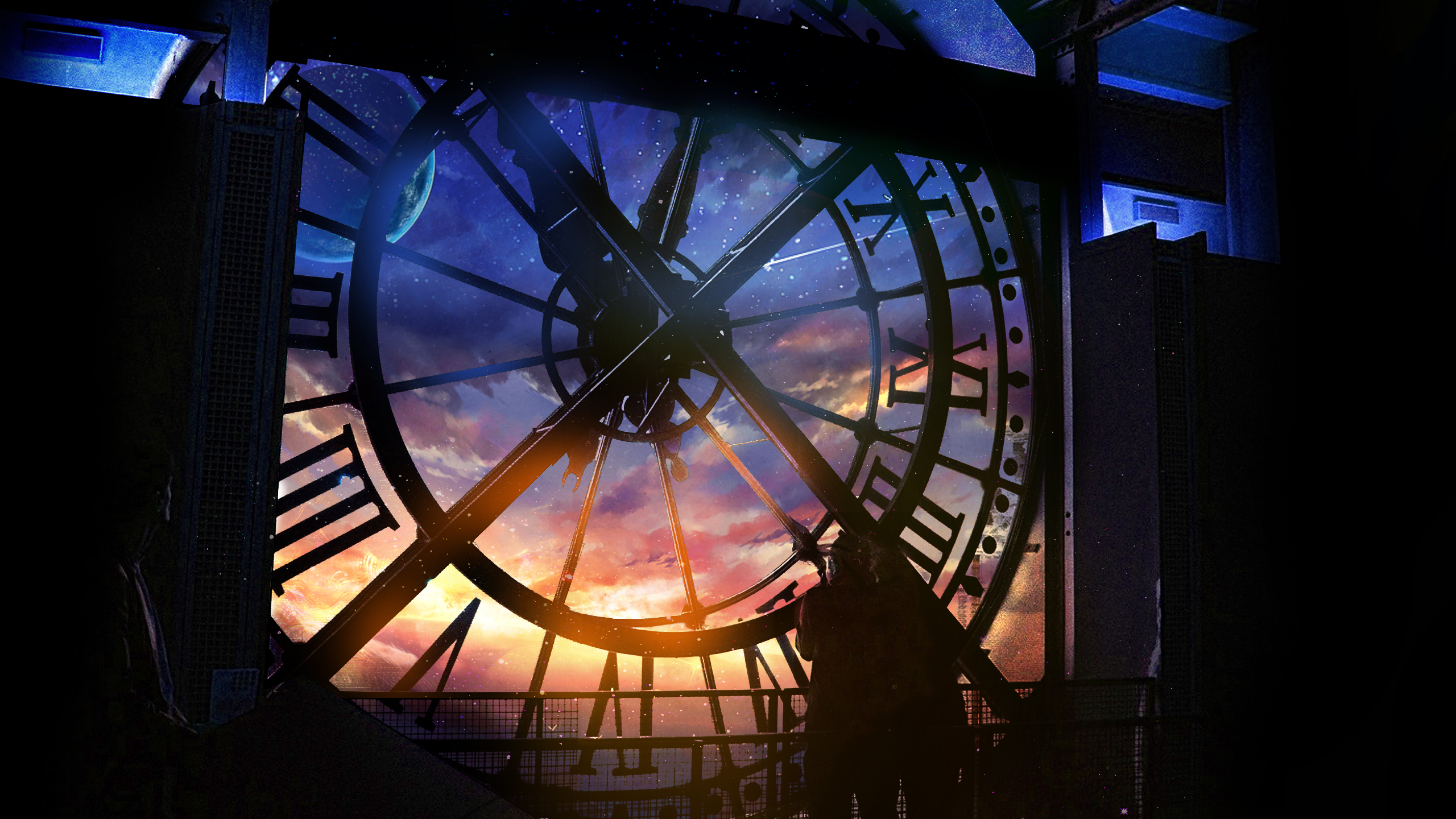 Free download wallpaper Sunset, Sky, Stars, Clock, Artistic on your PC desktop