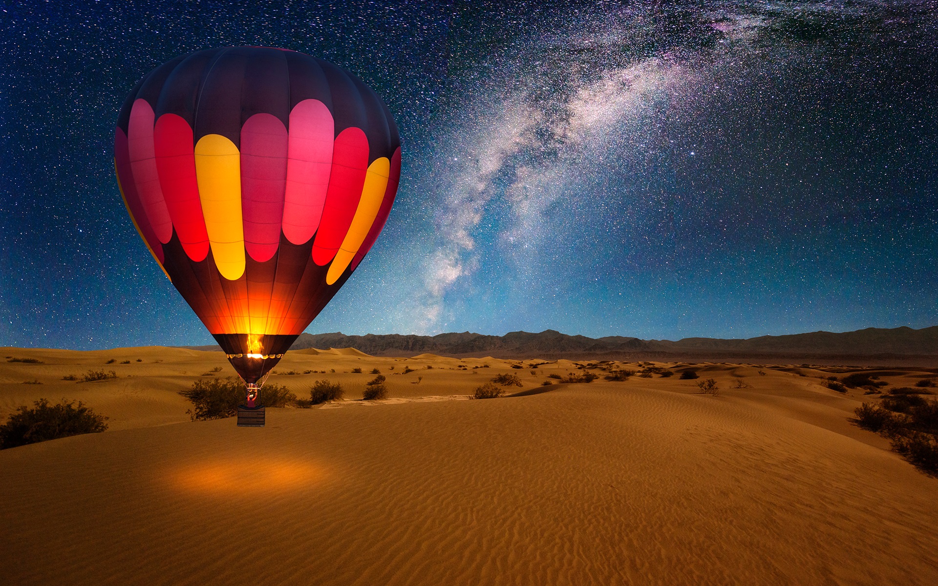 Download mobile wallpaper Stars, Night, Desert, Starry Sky, Milky Way, Vehicles, Hot Air Balloon for free.