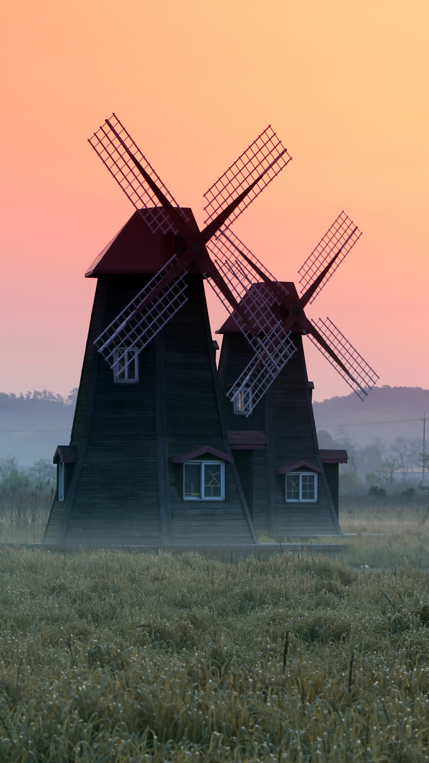 Download mobile wallpaper Building, Fog, Sunrise, Windmill, Man Made for free.