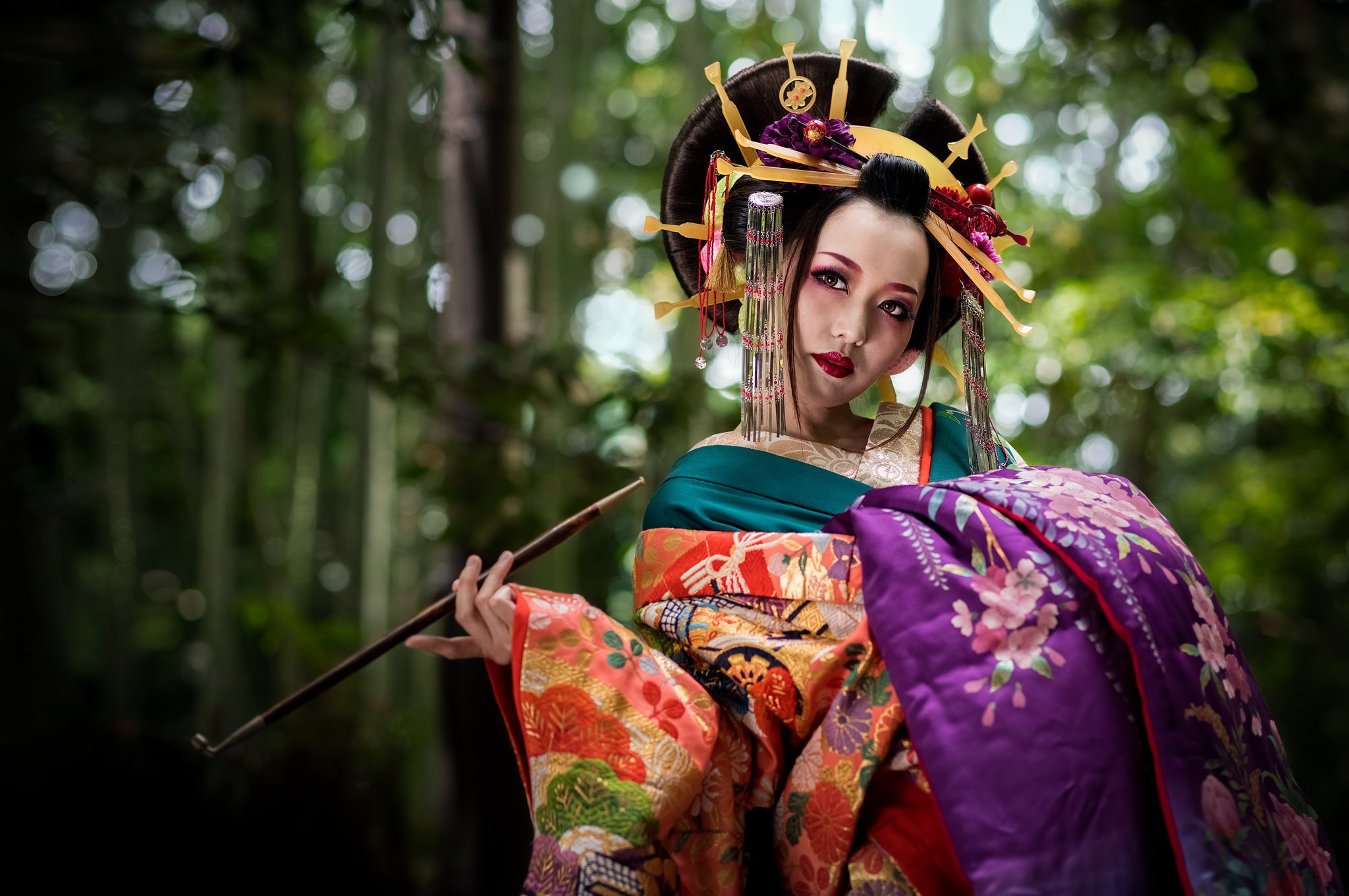geisha, women, asian, bokeh, brunette, depth of field, headdress, lipstick, pipe, traditional costume