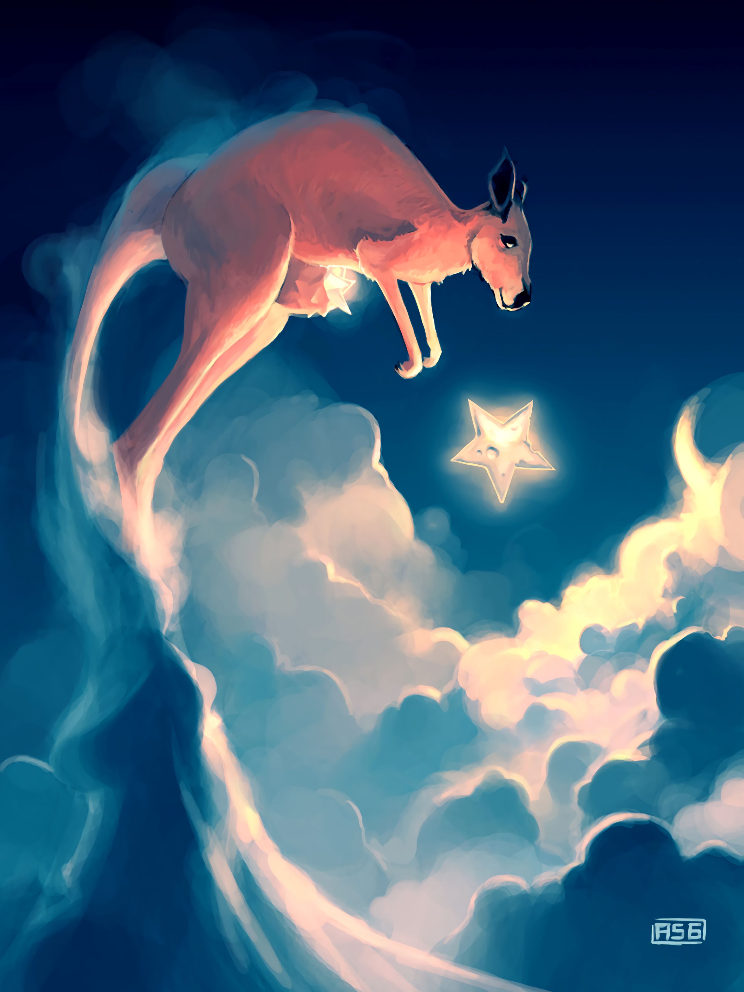 Free download wallpaper Sky, Stars, Clouds, Art, Kangaroo on your PC desktop