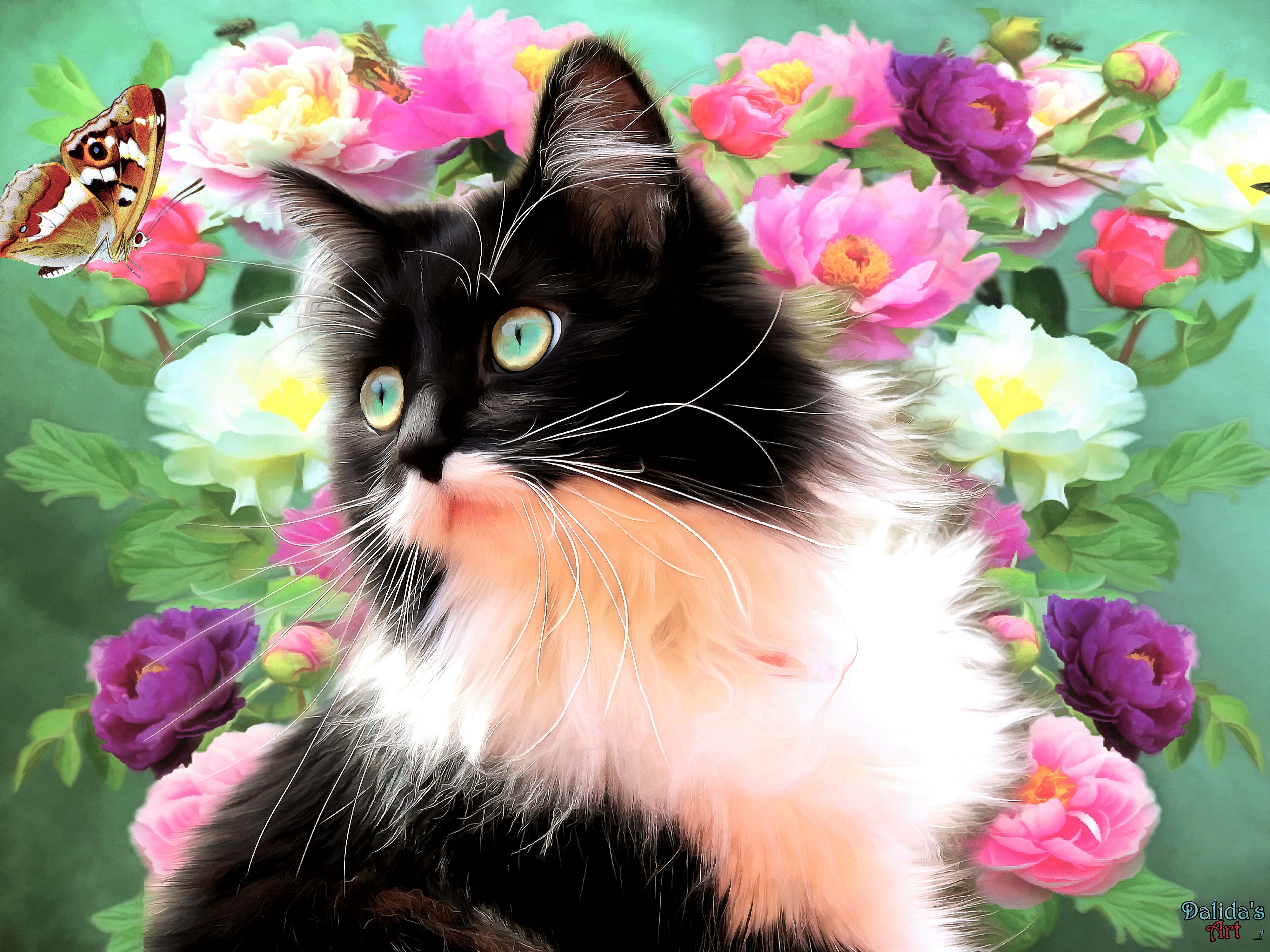 Descarga gratis la imagen Flor, Gato, Pintura, Mariposa, Primavera, Artístico en el escritorio de tu PC