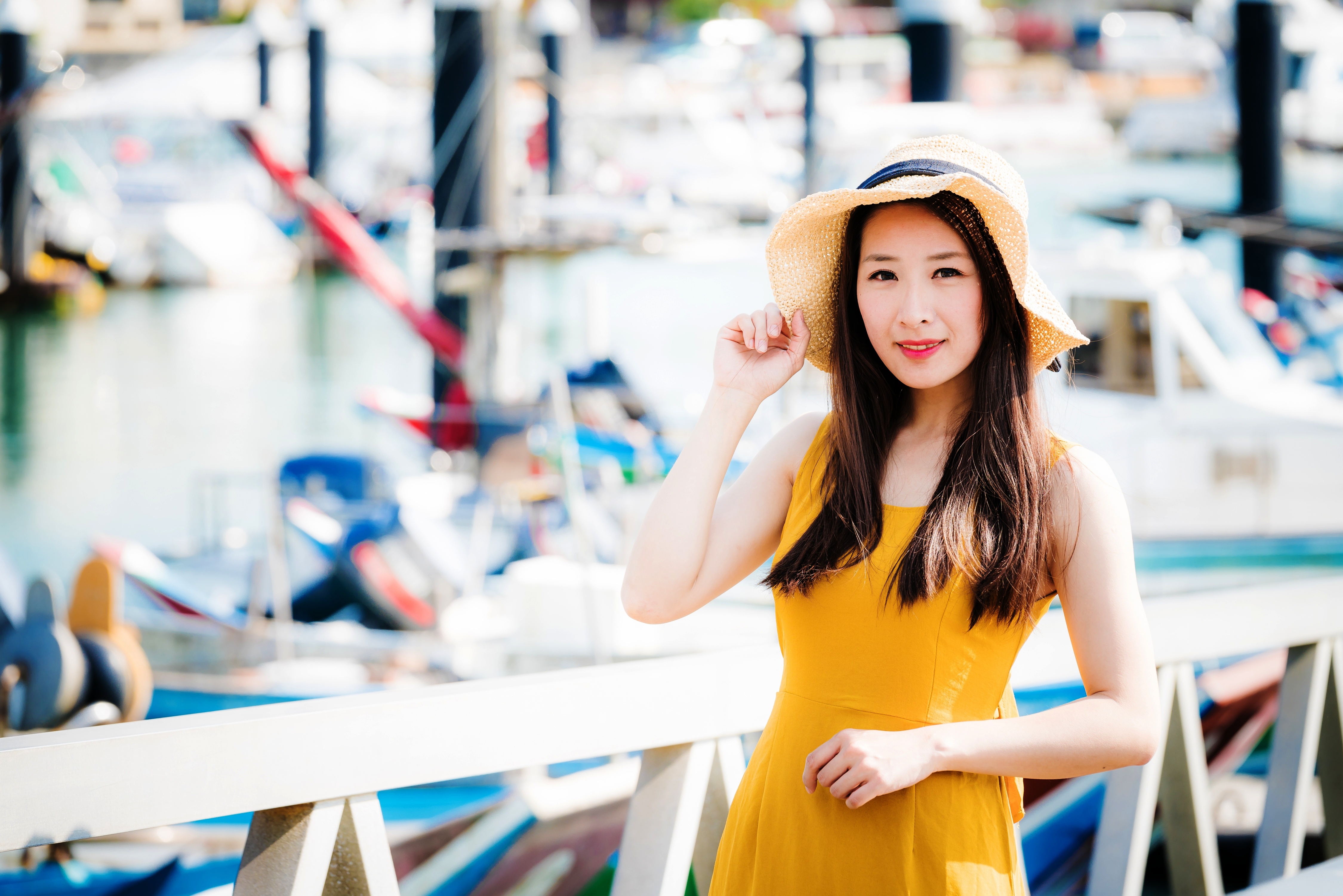 Free download wallpaper Hat, Brunette, Model, Women, Yellow Dress, Asian, Depth Of Field on your PC desktop