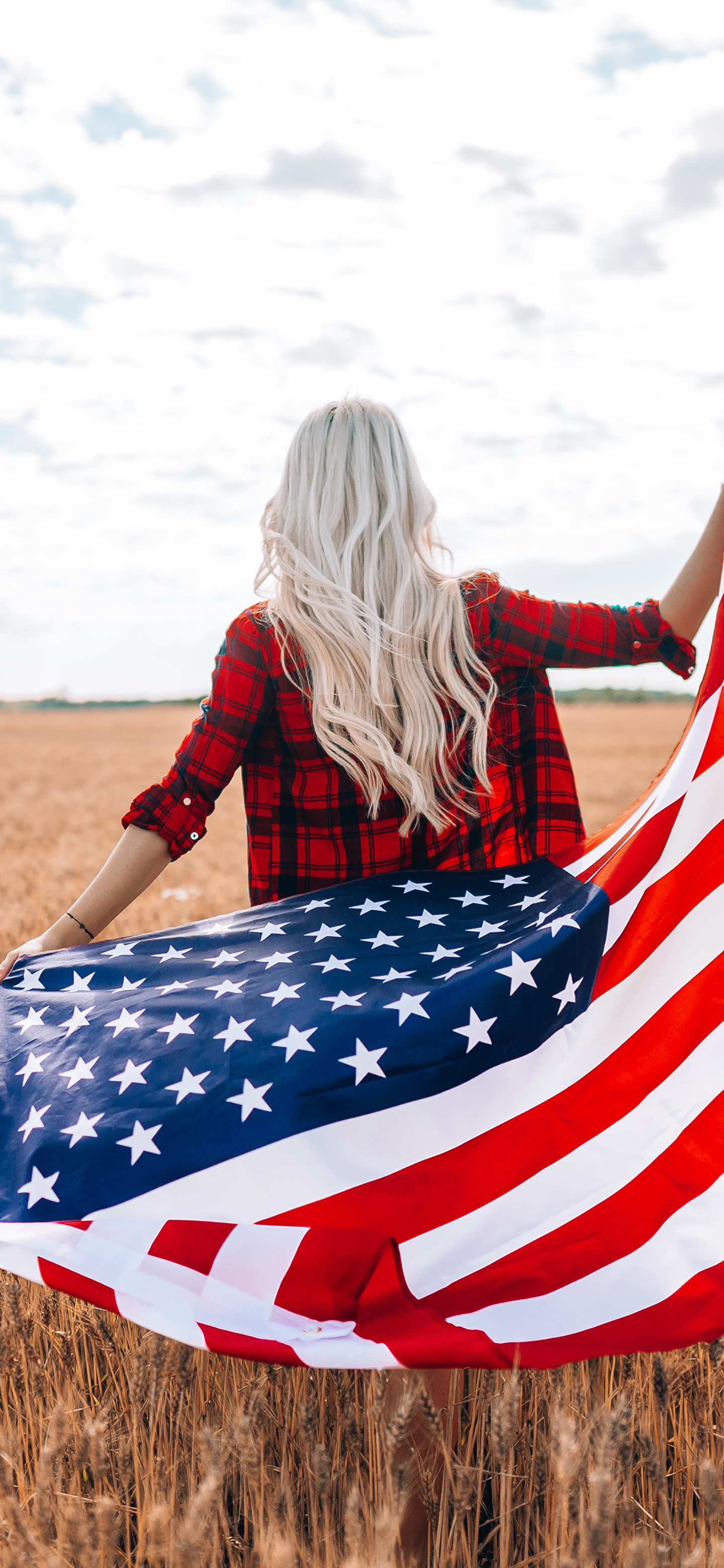Download mobile wallpaper Rear, Blonde, Model, Women, Long Hair, American Flag for free.