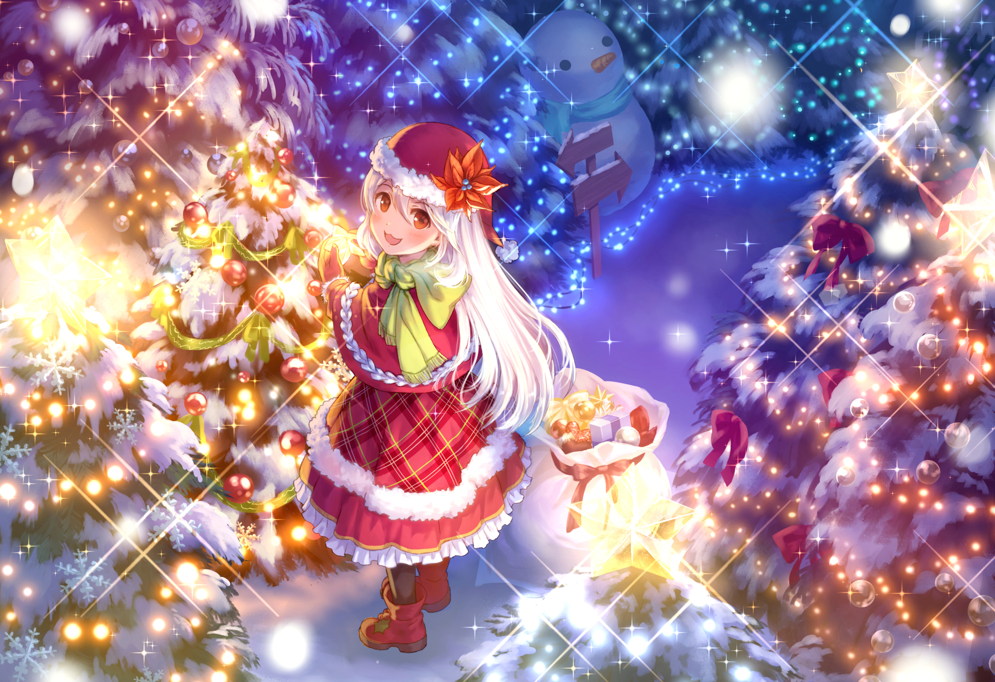 800164 descargar fondo de pantalla muñeco de nieve, luces de navidad, navidad, sombrero de santa, animado, árbol de navidad, pelo largo, noche, ojos naranjas, sonreír, pelo blanco: protectores de pantalla e imágenes gratis