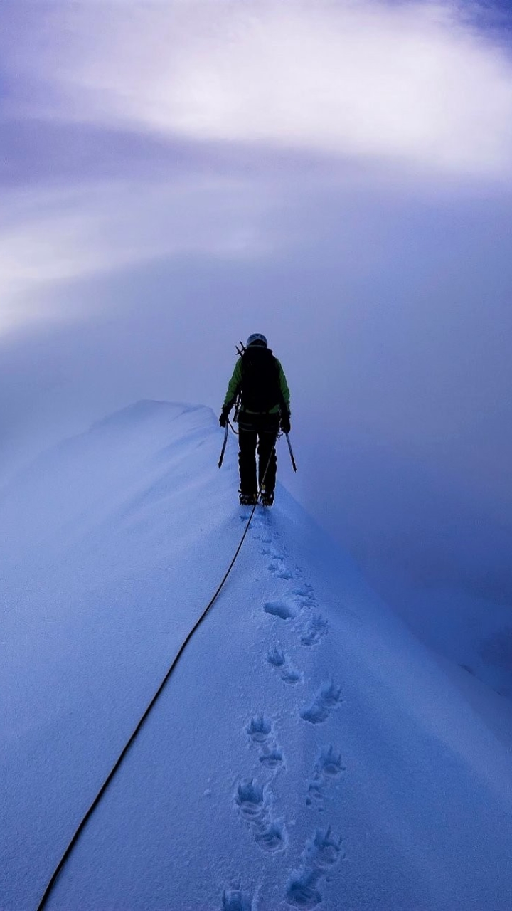 sports, mountaineering, footprint, snow, fog, winter, mountain