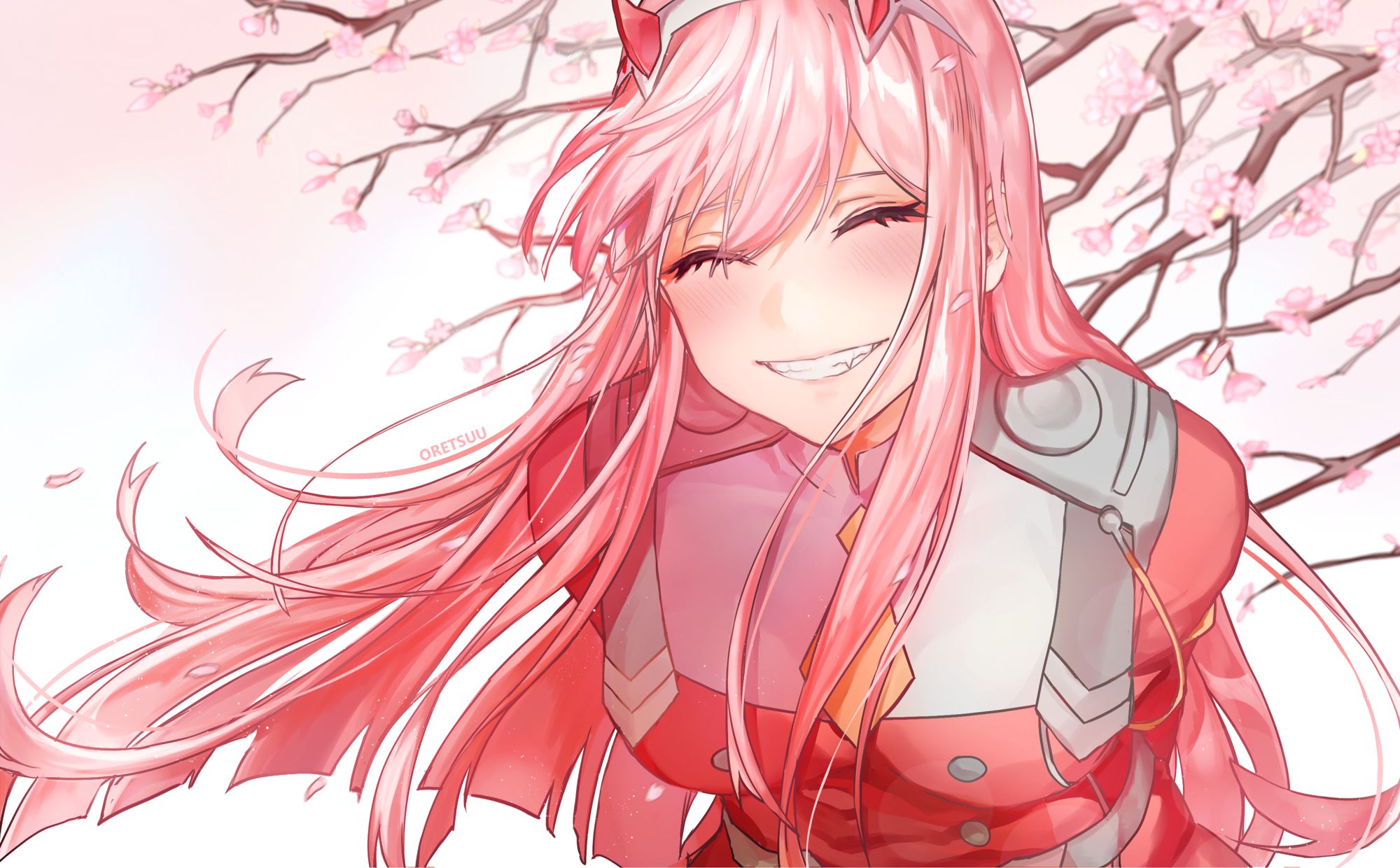 Laden Sie das Kirschblüte, Pinkes Haar, Animes, Lange Haare, Darling In The Franxx, Zero Two (Liebling Im Franxx)-Bild kostenlos auf Ihren PC-Desktop herunter