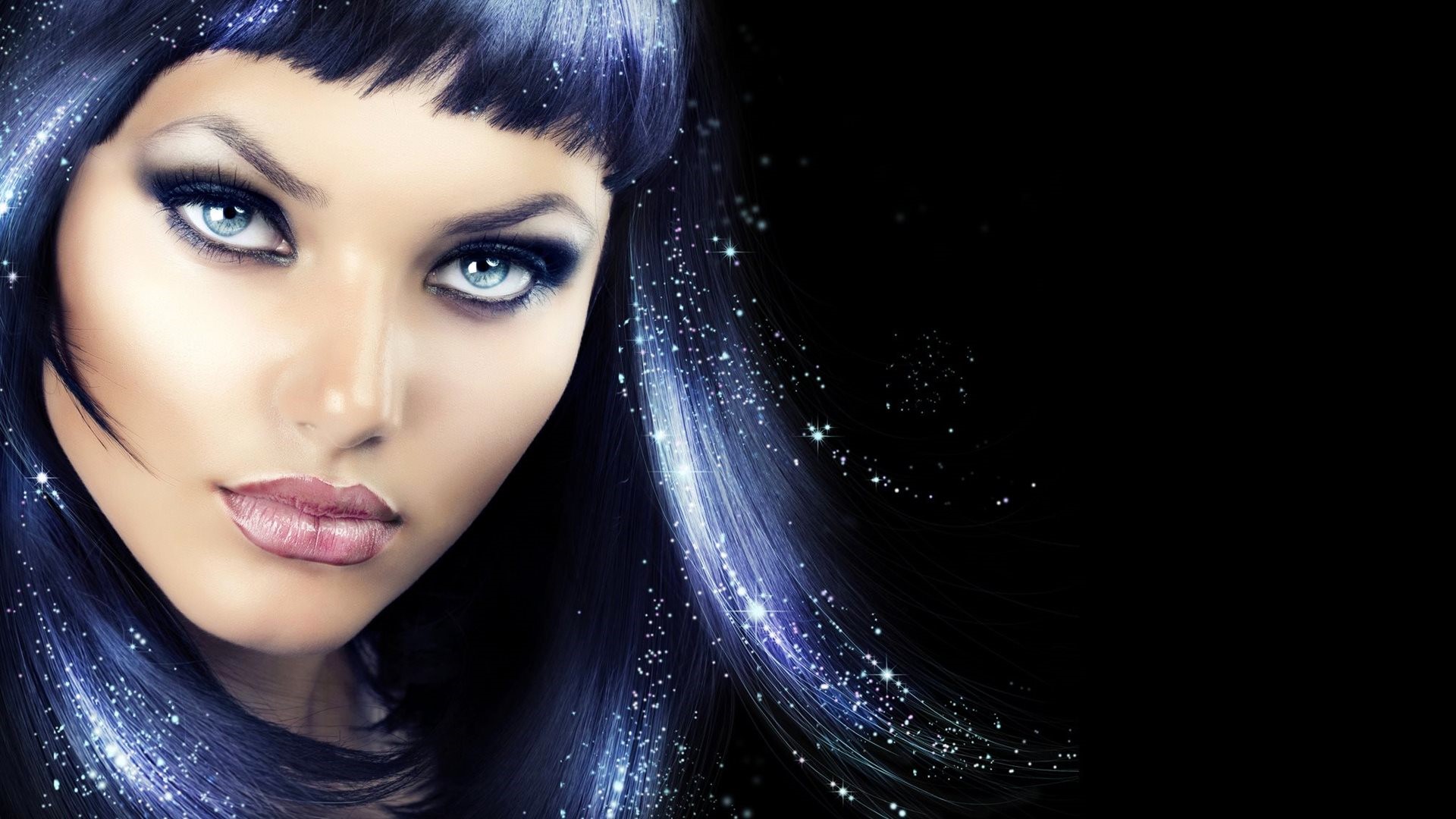 Download mobile wallpaper Fantasy, Hair, Face, Women, Blue Eyes, Sparkles for free.