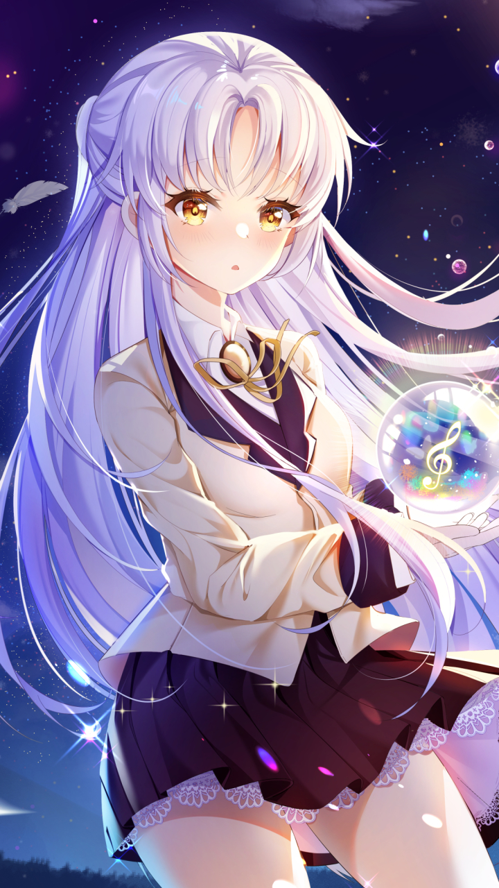 Download mobile wallpaper Anime, Skirt, Yellow Eyes, Long Hair, Angel Beats!, White Hair, Kanade Tachibana for free.