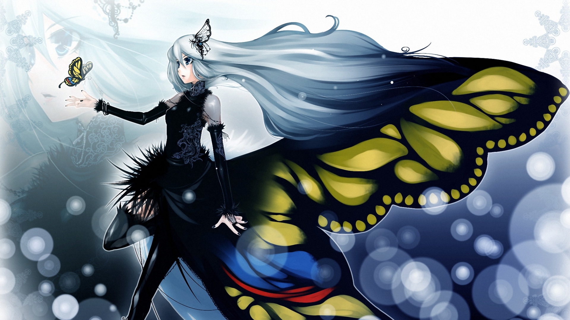 Download mobile wallpaper Anime, Butterfly, Girl, Wings, Long Hair, White Hair, Aqua Eyes for free.