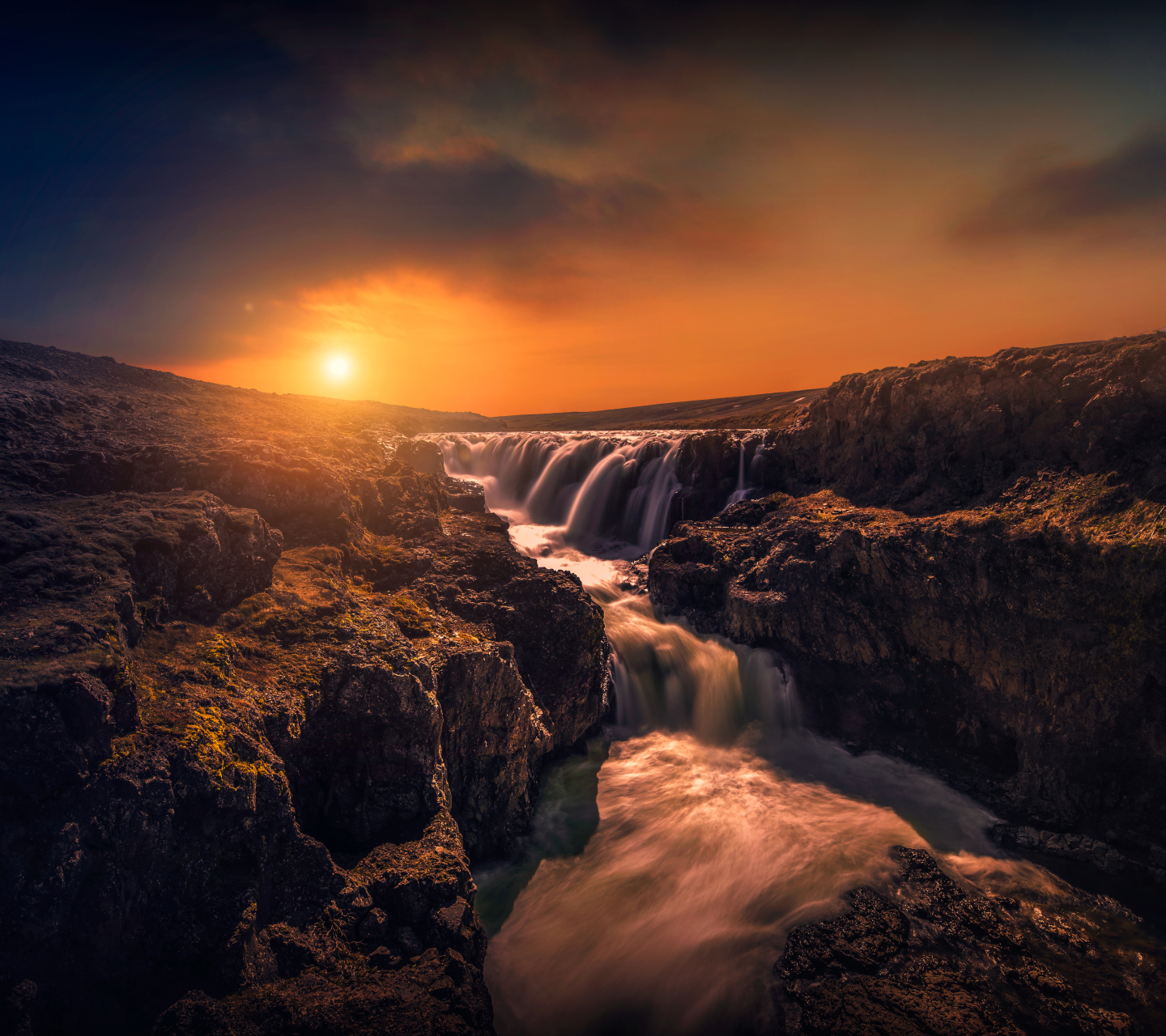 Free download wallpaper Nature, Sunset, Waterfalls, Waterfall, Earth, River on your PC desktop