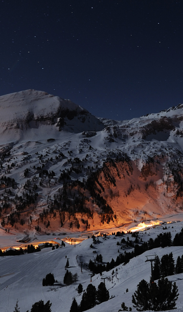 Download mobile wallpaper Landscape, Winter, Mountains, Stars, Night, Snow, Mountain, Light, Austria, Earth for free.