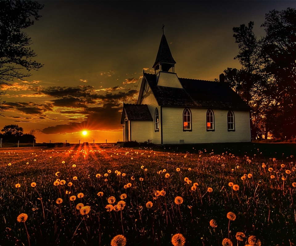 Download mobile wallpaper Sunset, Architecture, Field, Church, Churches, Religious for free.