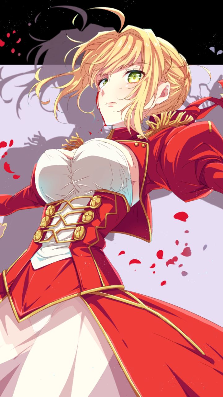 Download mobile wallpaper Anime, Weapon, Blood, Shadow, Blonde, Petal, Green Eyes, Blush, Short Hair, Saber (Fate Series), Fate/extra, Nero Claudius, Fate Series for free.