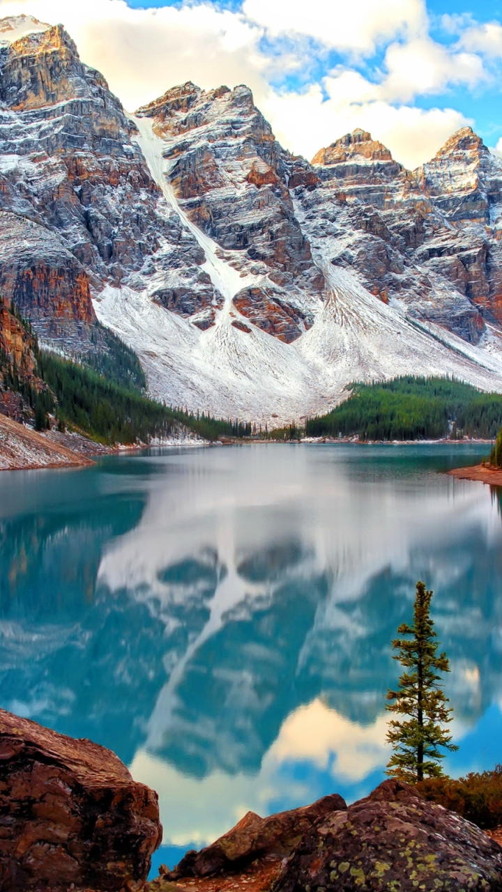 Download mobile wallpaper Nature, Water, Lakes, Mountain, Lake, Reflection, Earth, Moraine Lake for free.