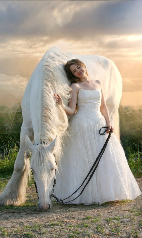 Download mobile wallpaper Mood, Horse, Model, Women, White Dress for free.