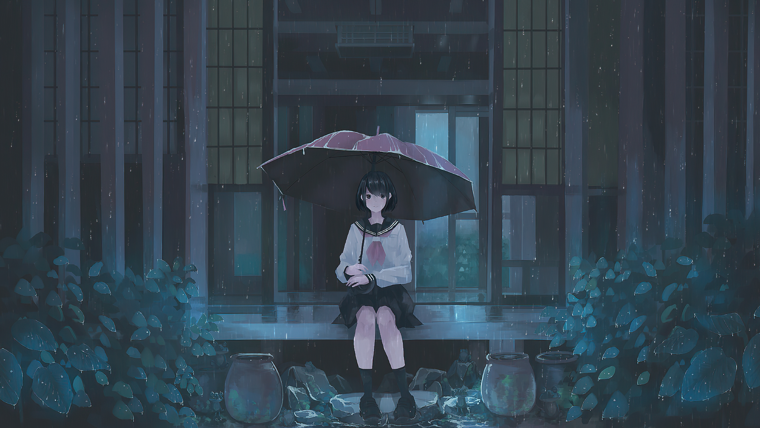 Laden Sie das Regen, Regenschirm, Original, Animes, Schwarzes Haar, Kurzes Haar-Bild kostenlos auf Ihren PC-Desktop herunter