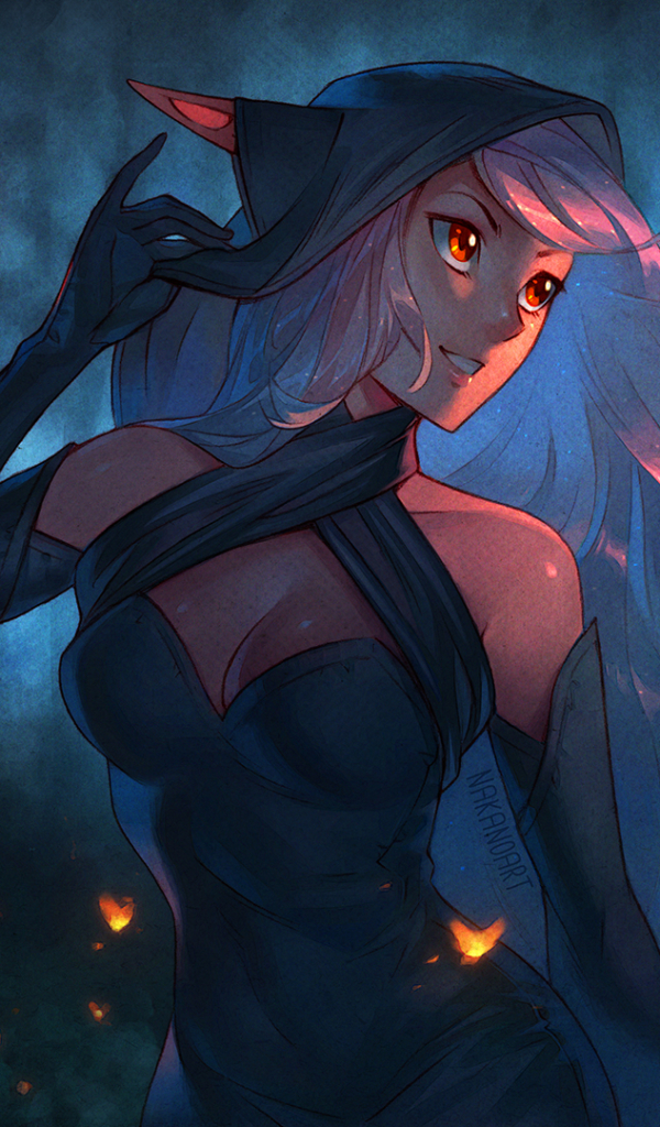 Download mobile wallpaper Fantasy, Night, Elf, Red Eyes, Pointed Ears, White Hair for free.