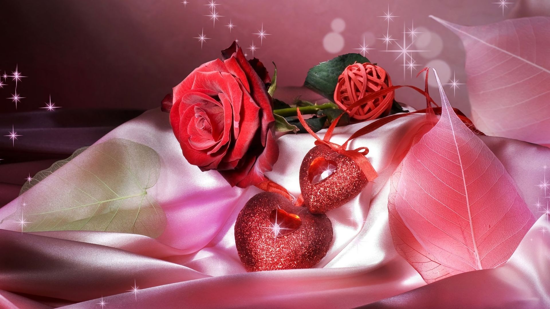 Download mobile wallpaper Valentine's Day, Pink, Jewelry, Rose, Holiday, Leaf, Heart, Red Rose, Sparkles for free.