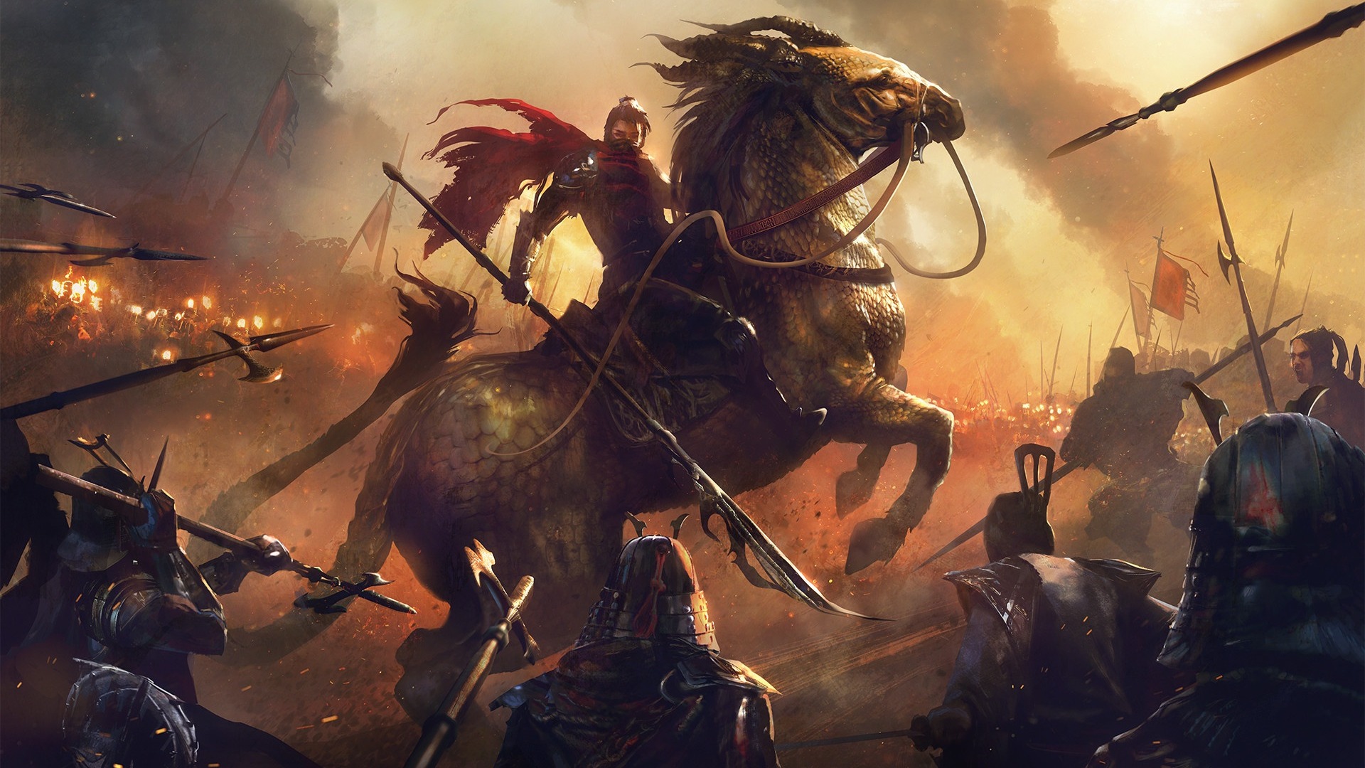 Free download wallpaper Fantasy, Warrior, Horse, Battle, Oriental, Spear on your PC desktop