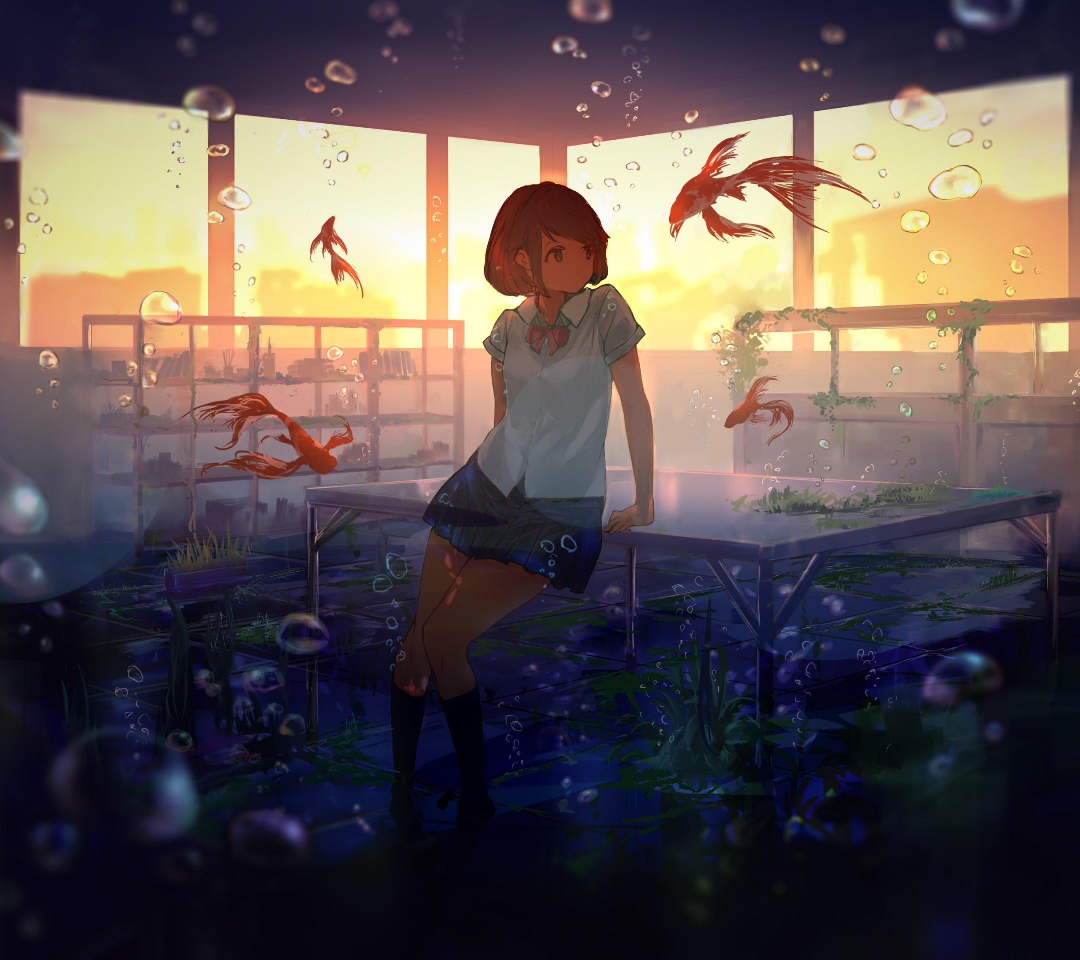 Download mobile wallpaper Anime, Water, Sunset, Fish, Bubble, Original, Short Hair for free.