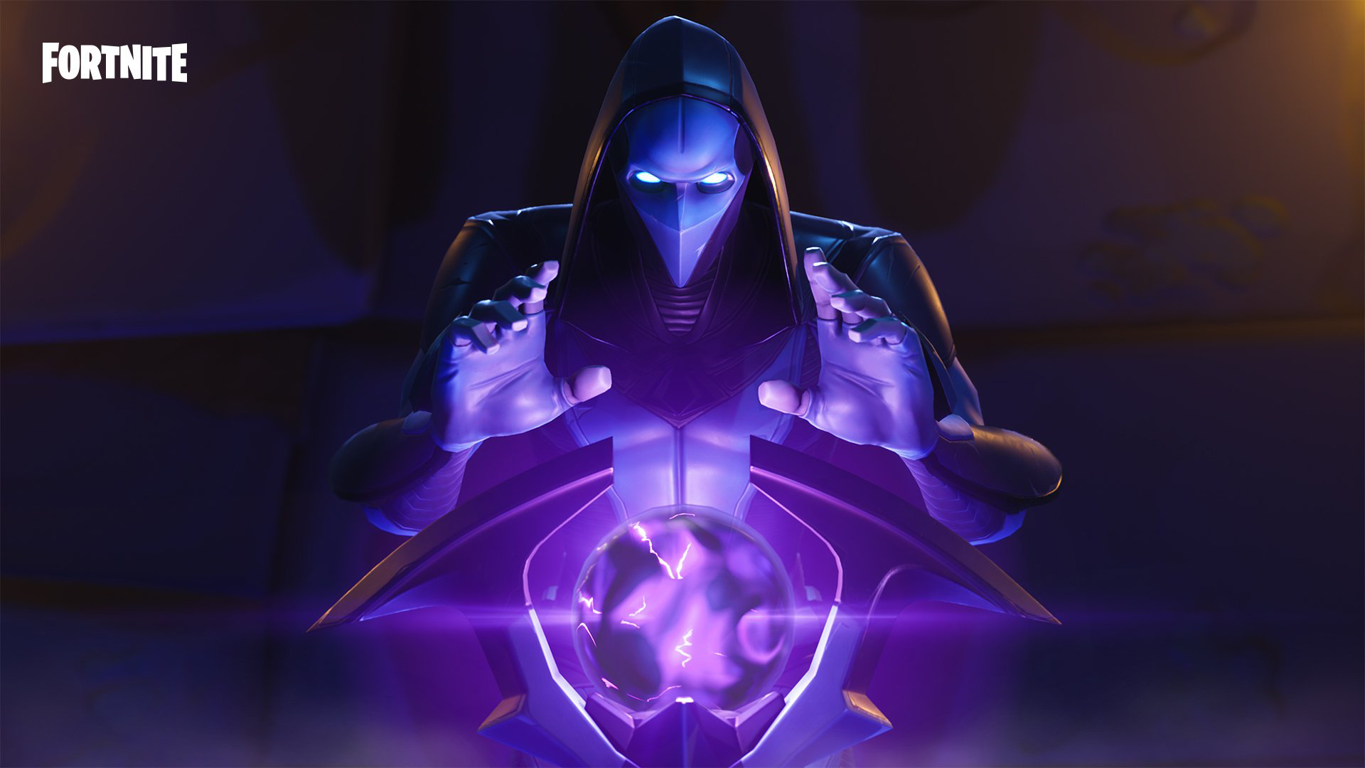 Epic Fortnite wallpaper featuring a mysterious character and energy orb