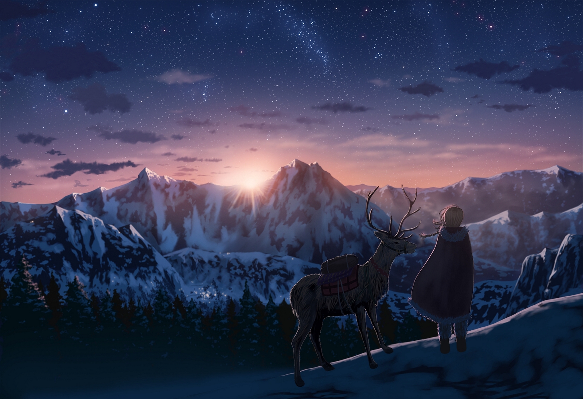 738999画像をダウンロードアニメ, オリジナル, 鹿, 風景, 山, 日没, 冬-壁紙とスクリーンセーバーを無料で