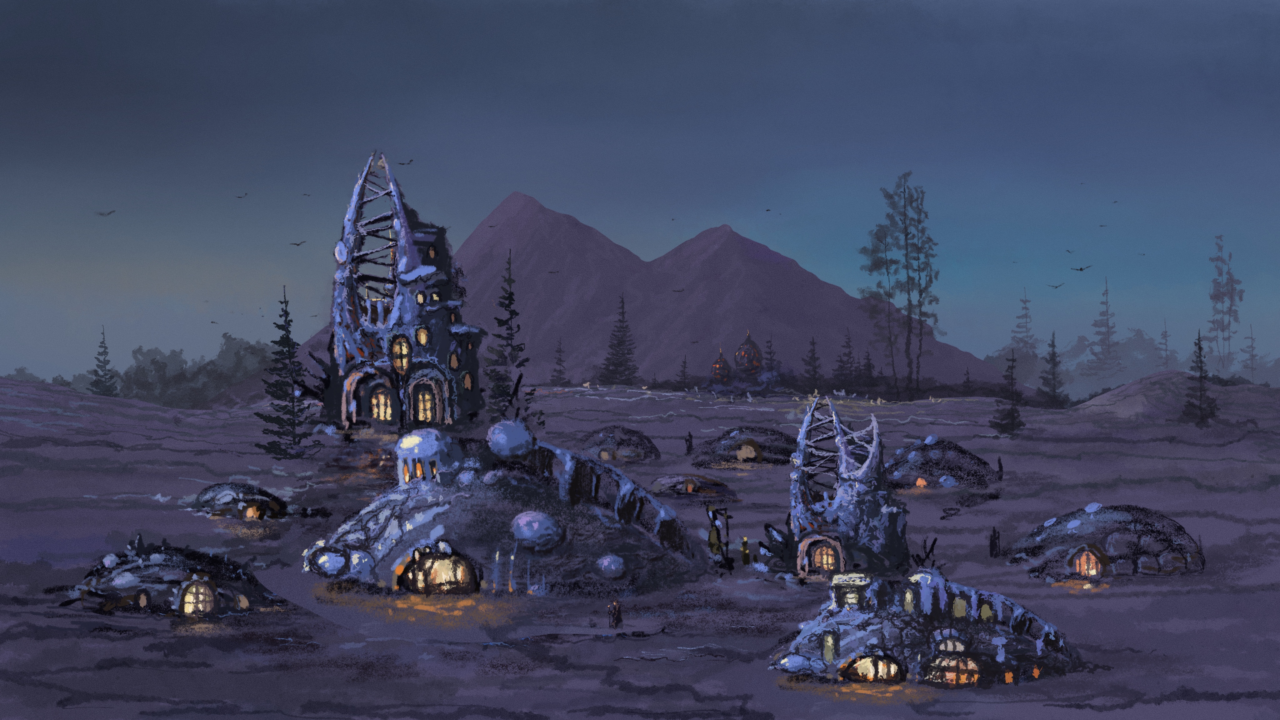 houses, fantasy, art, mountains, small houses, settlement