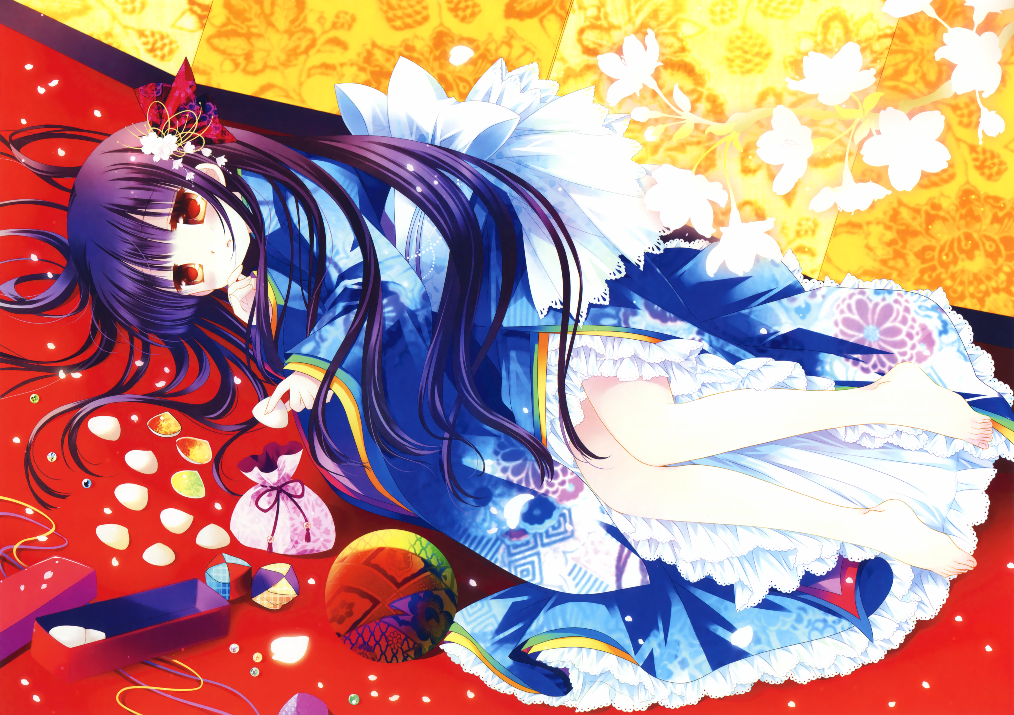 Download mobile wallpaper Anime, Flower, Kimono, Ribbon, Original, Black Hair, Long Hair, Orange Eyes for free.
