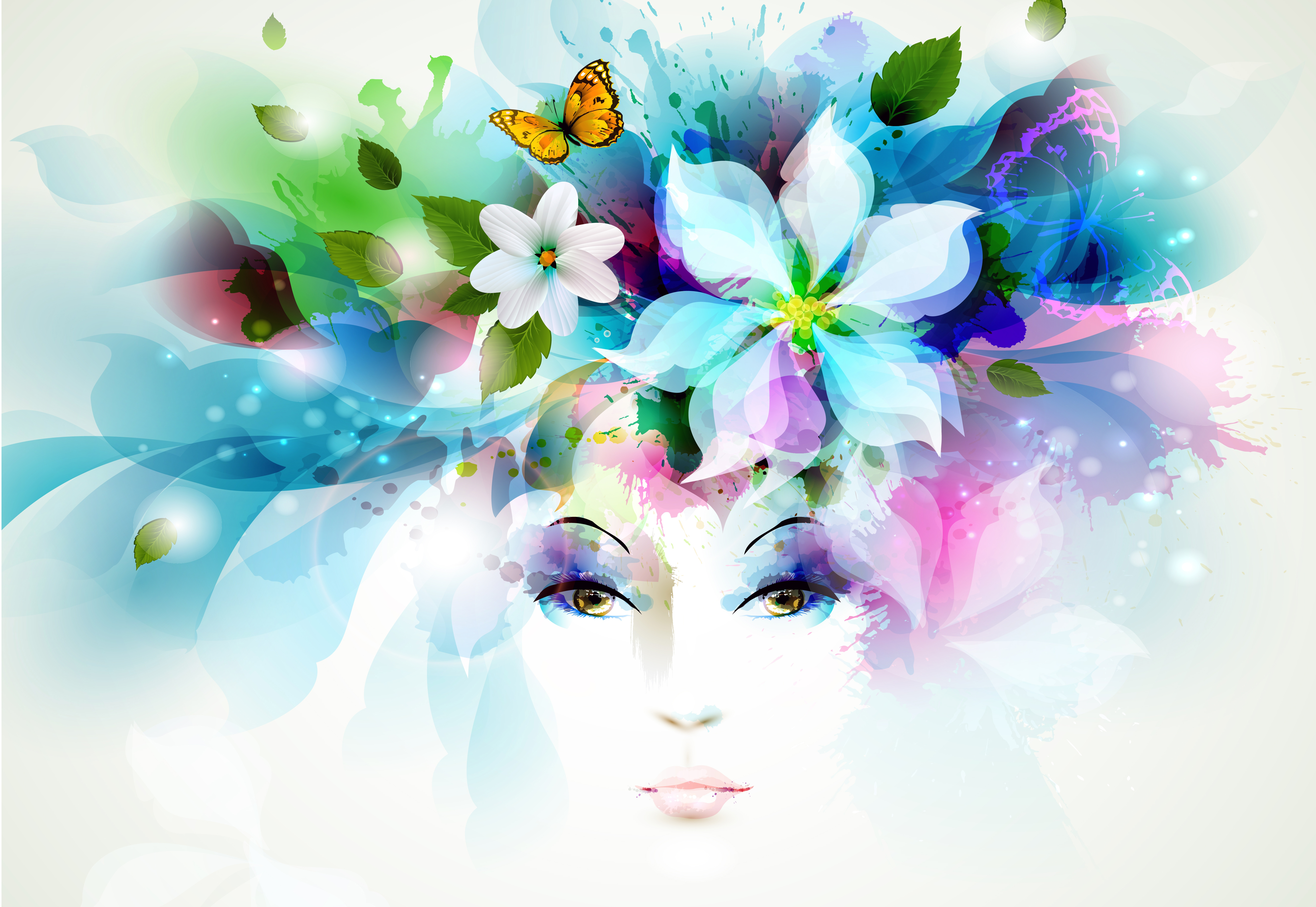 Desktop FHD art, leaves, flowers, petals, spray, butterfly, sight, opinion, girl