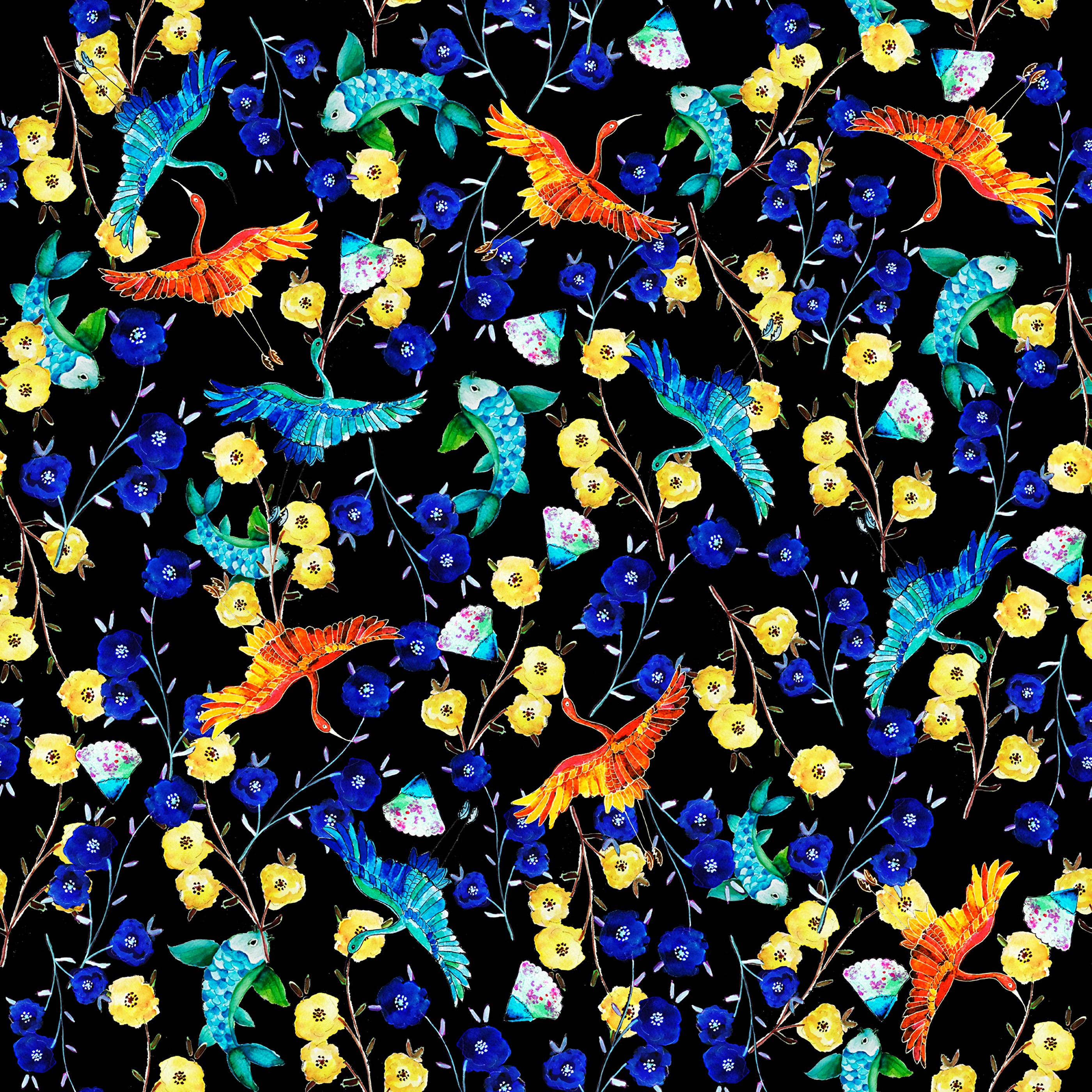 Download mobile wallpaper Pattern, Fish, Flowers, Texture, Art, Textures, Birds for free.