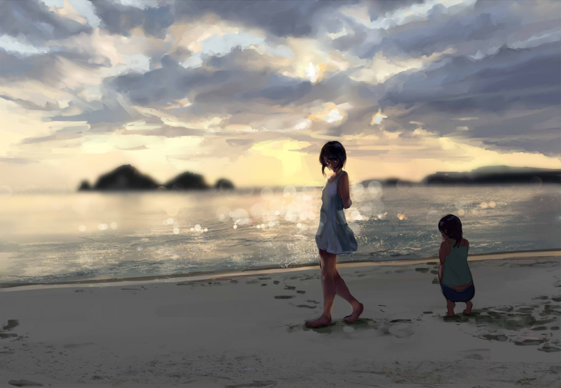 Free download wallpaper Anime, Sunset, Beach, Ocean, Cloud, Original, Seashore on your PC desktop