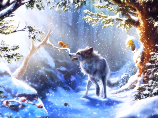 Download mobile wallpaper Winter, Squirrel, Snow, Forest, Wolf, Animal, Wolves for free.